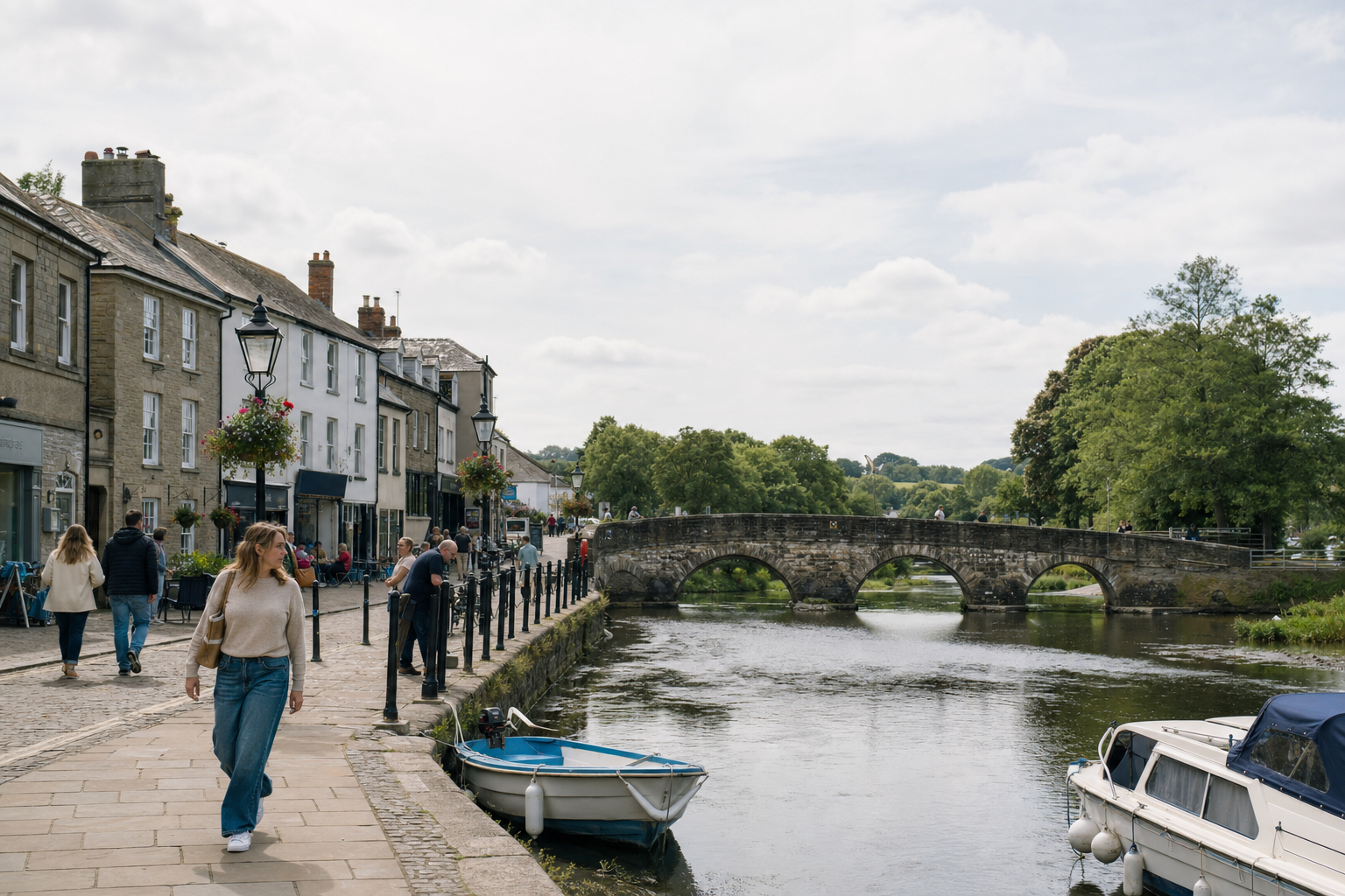 Stone bridge over a river with boats, cobblestone street, and people walking along the riverside shops.