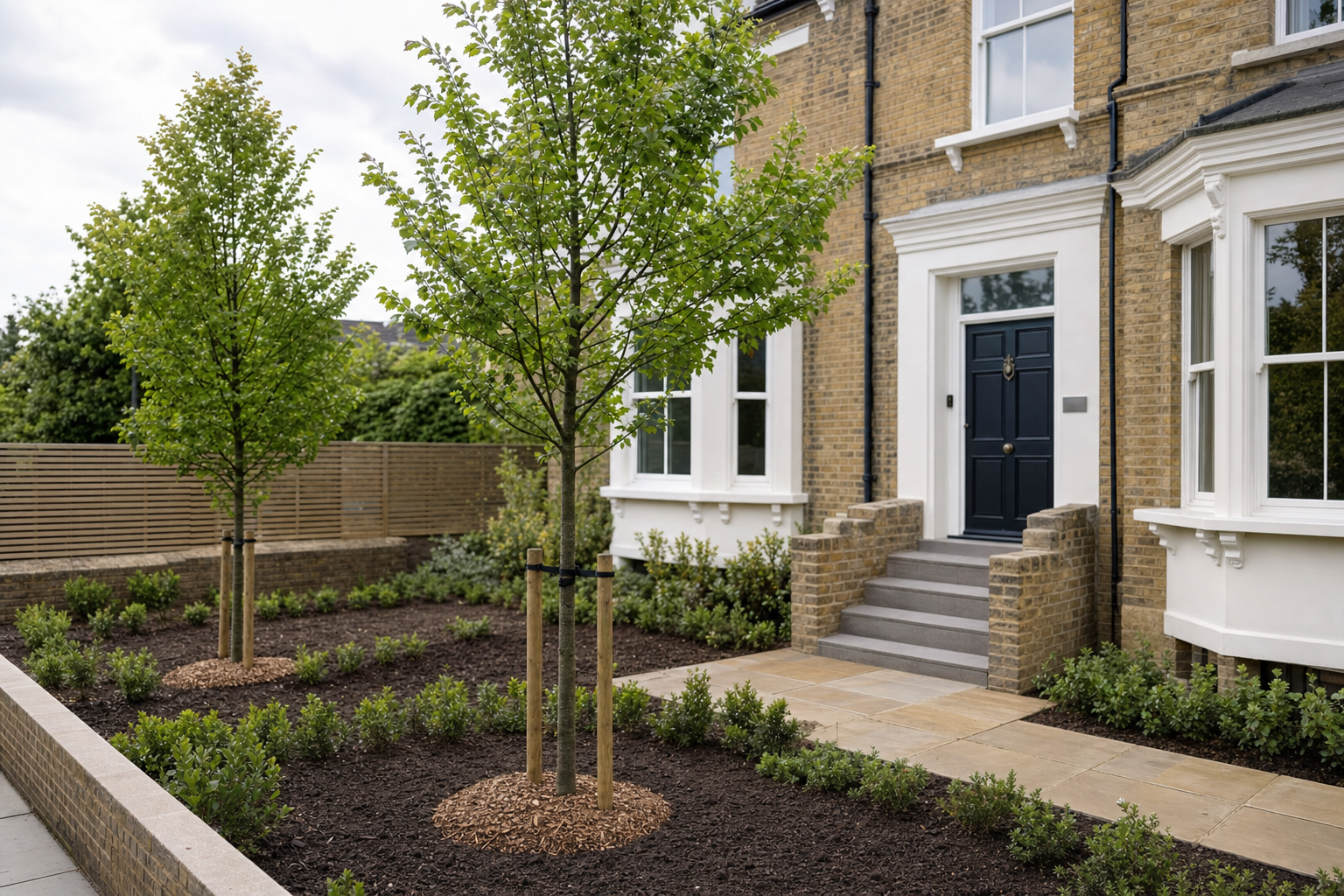 A neatly landscaped front garden with young trees and shrubs leads to the entrance of a brick house with a navy blue door.