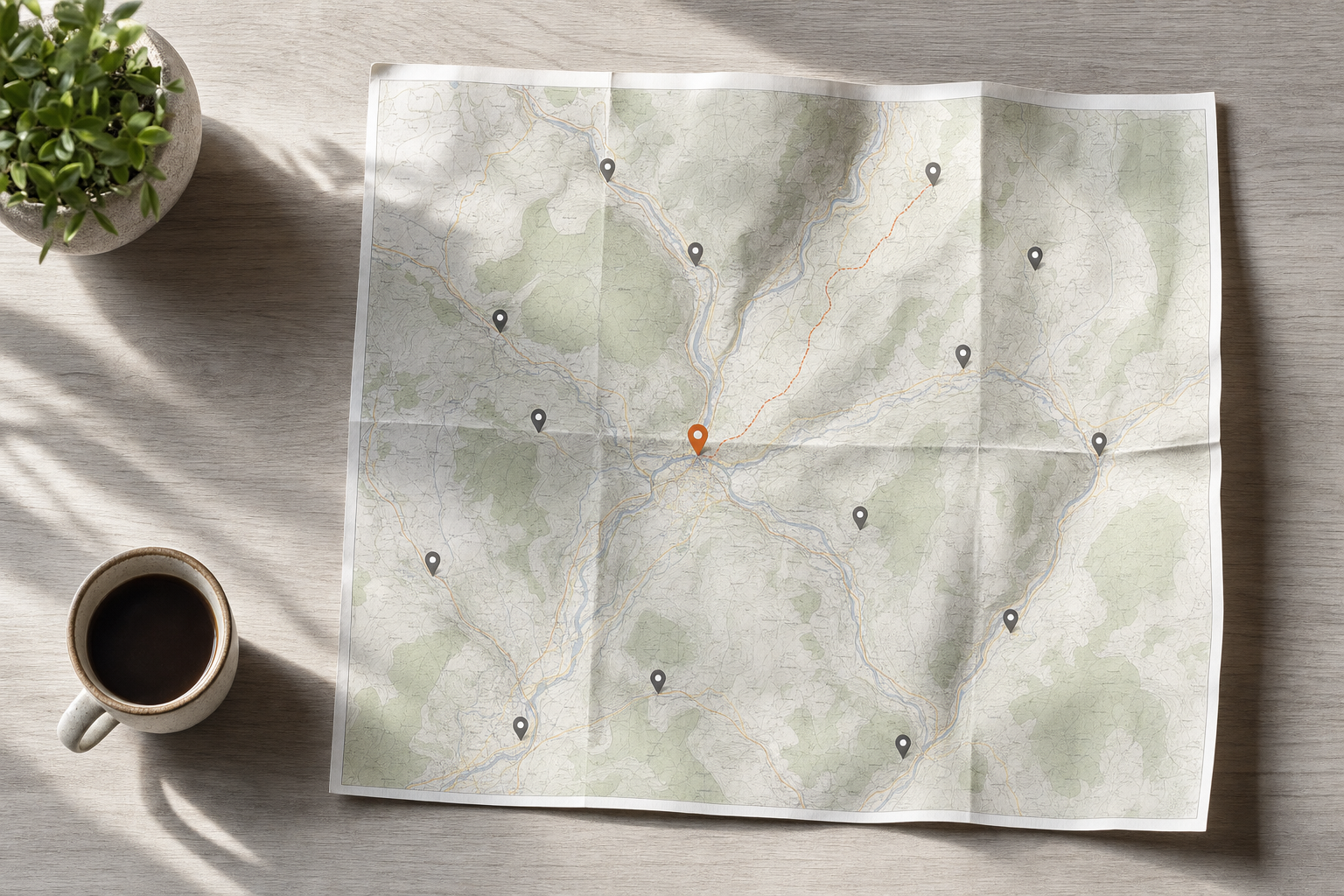 An open map with location markers lies on a table next to a cup of coffee and a potted plant.