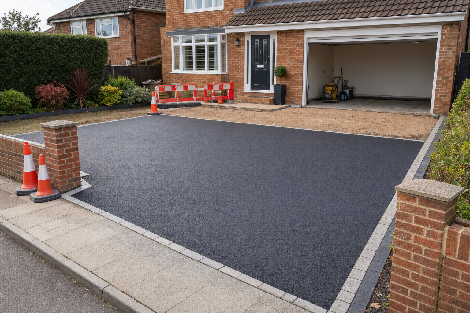 Freshly laid tarmac driveway in front of a brick house with an open garage and traffic cones.