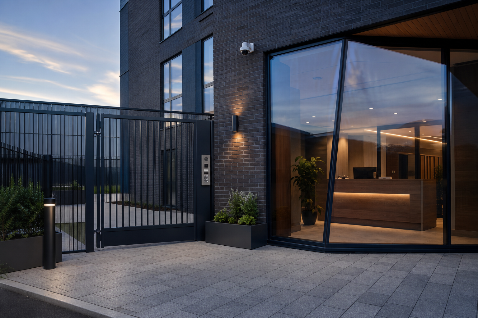 Modern office entrance with glass walls, security gate, and evening lighting.