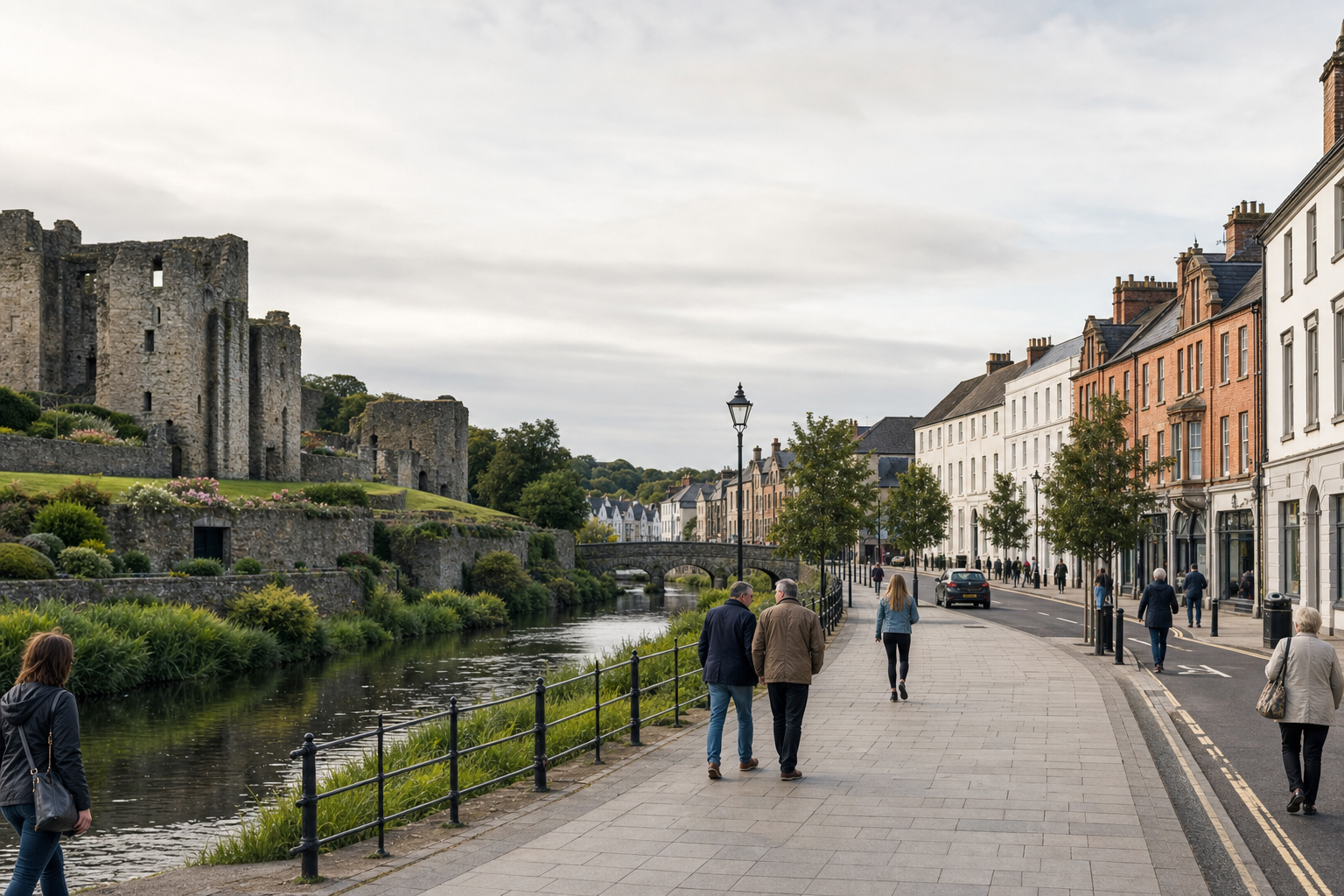 Street scene with people walking alongside a river and old stone castle ruins in the background.