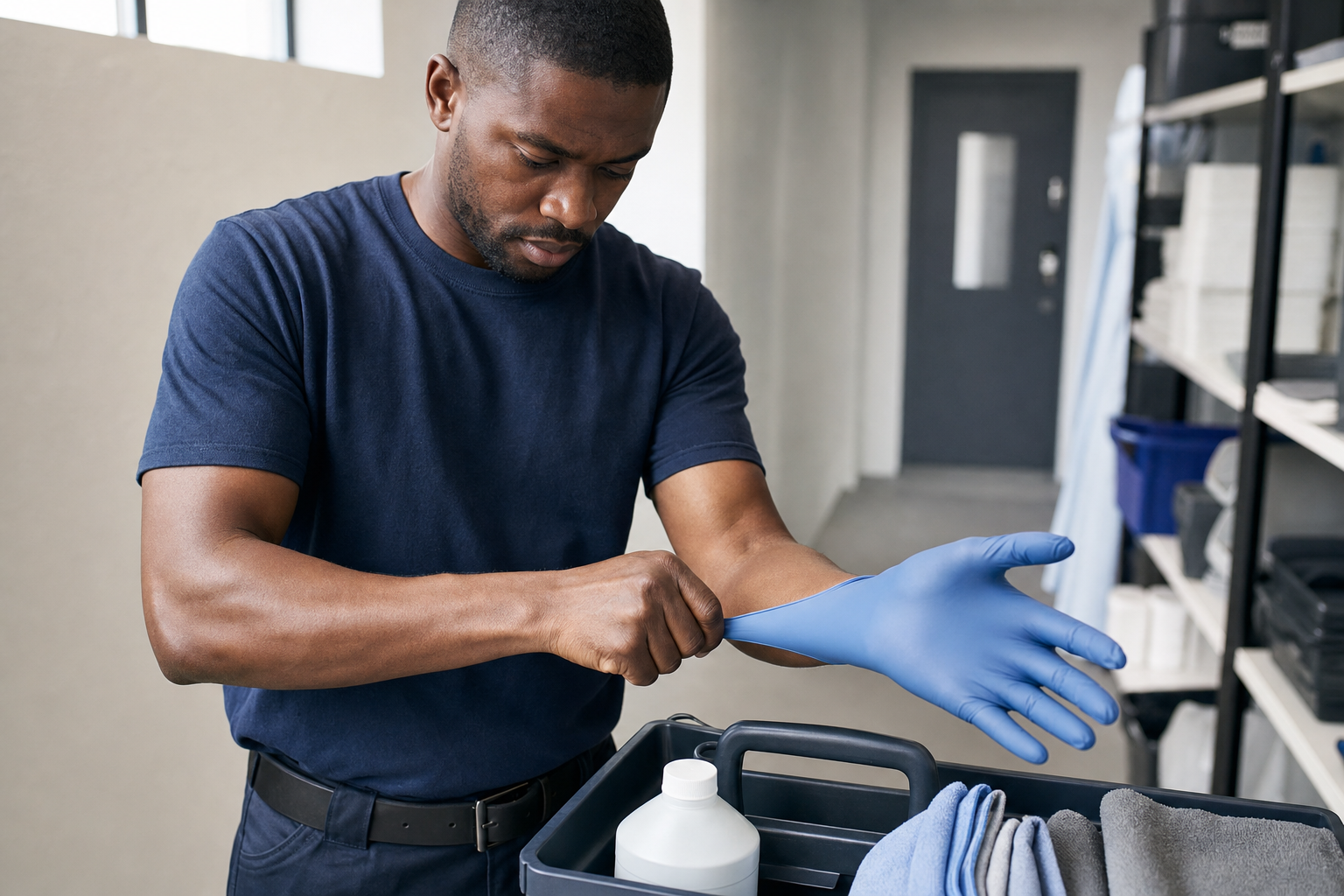 A man in a navy shirt puts on blue gloves next to a cleaning cart in a well-lit room.