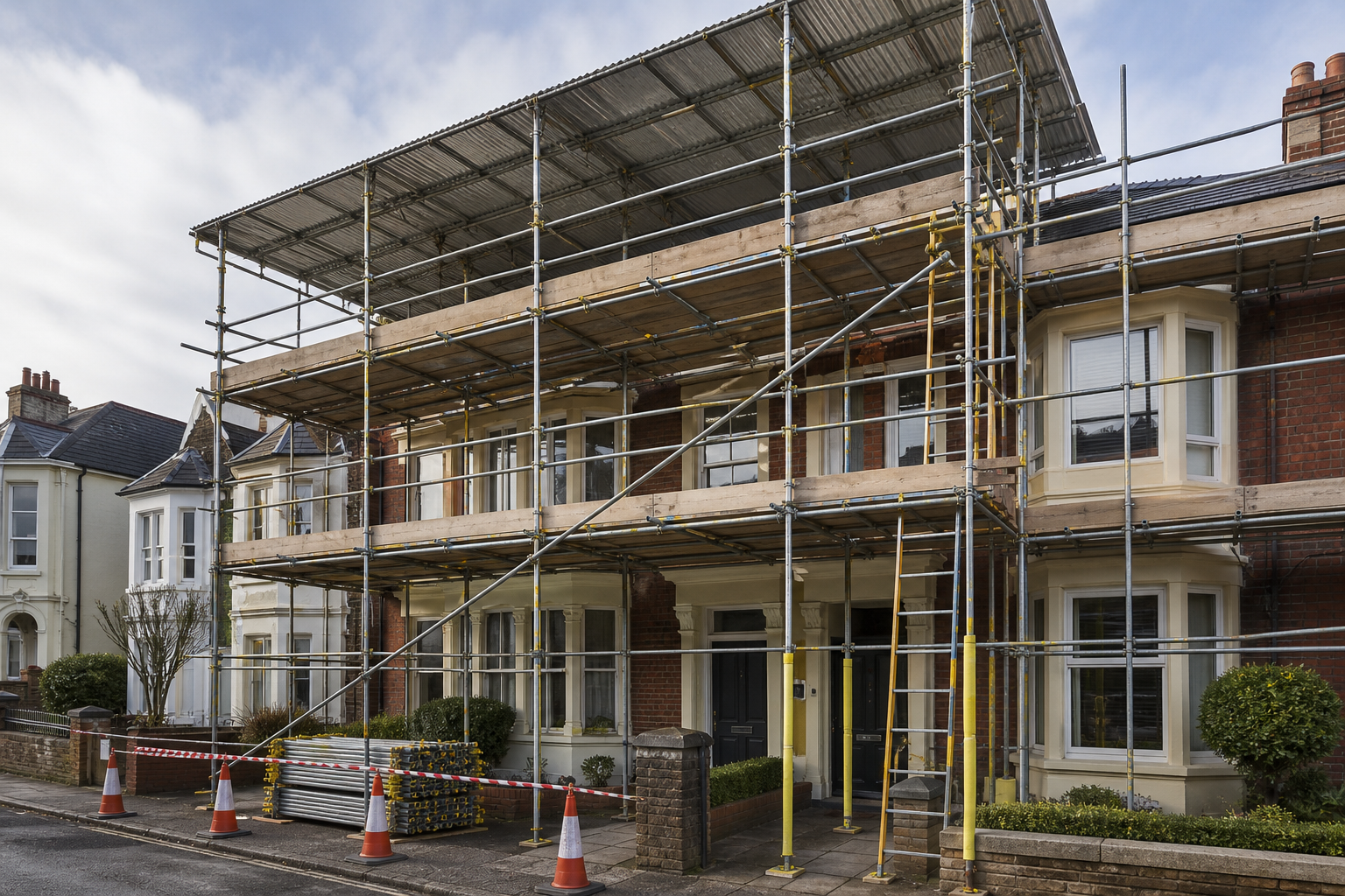Two-story brick house under renovation with scaffolding and safety cones.