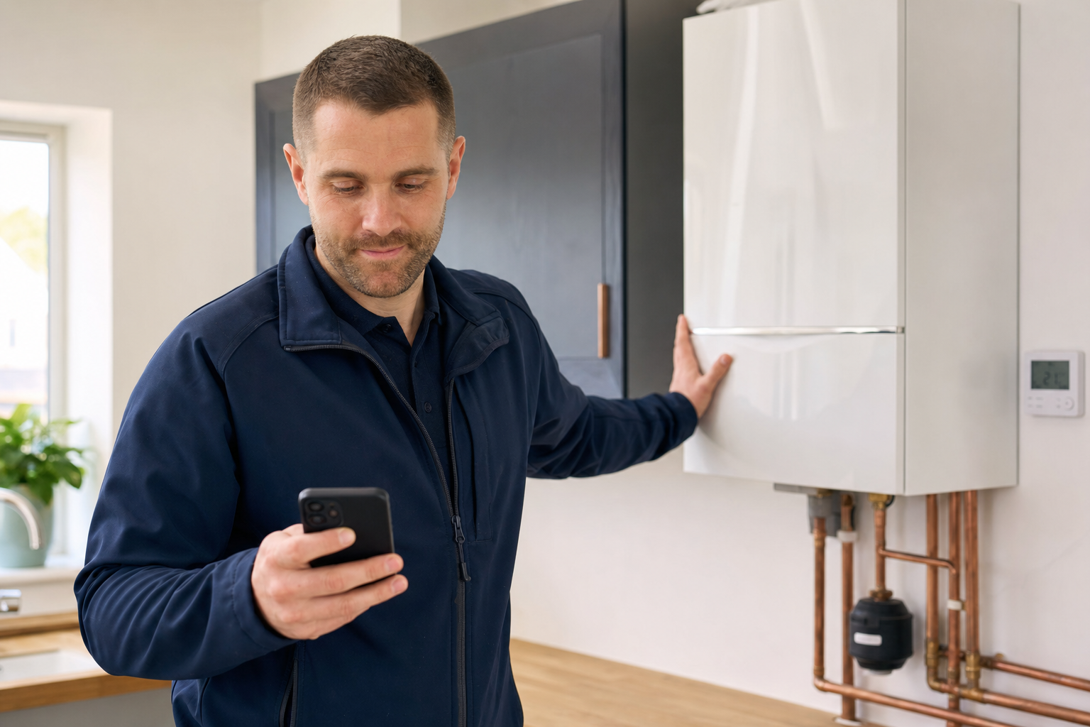 A man uses a mobile phone while holding a white boiler with copper pipes in a modern kitchen.