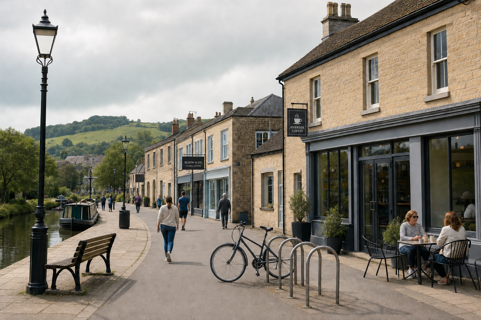 People walking along a canal-side path with shops and a café on a cloudy day.