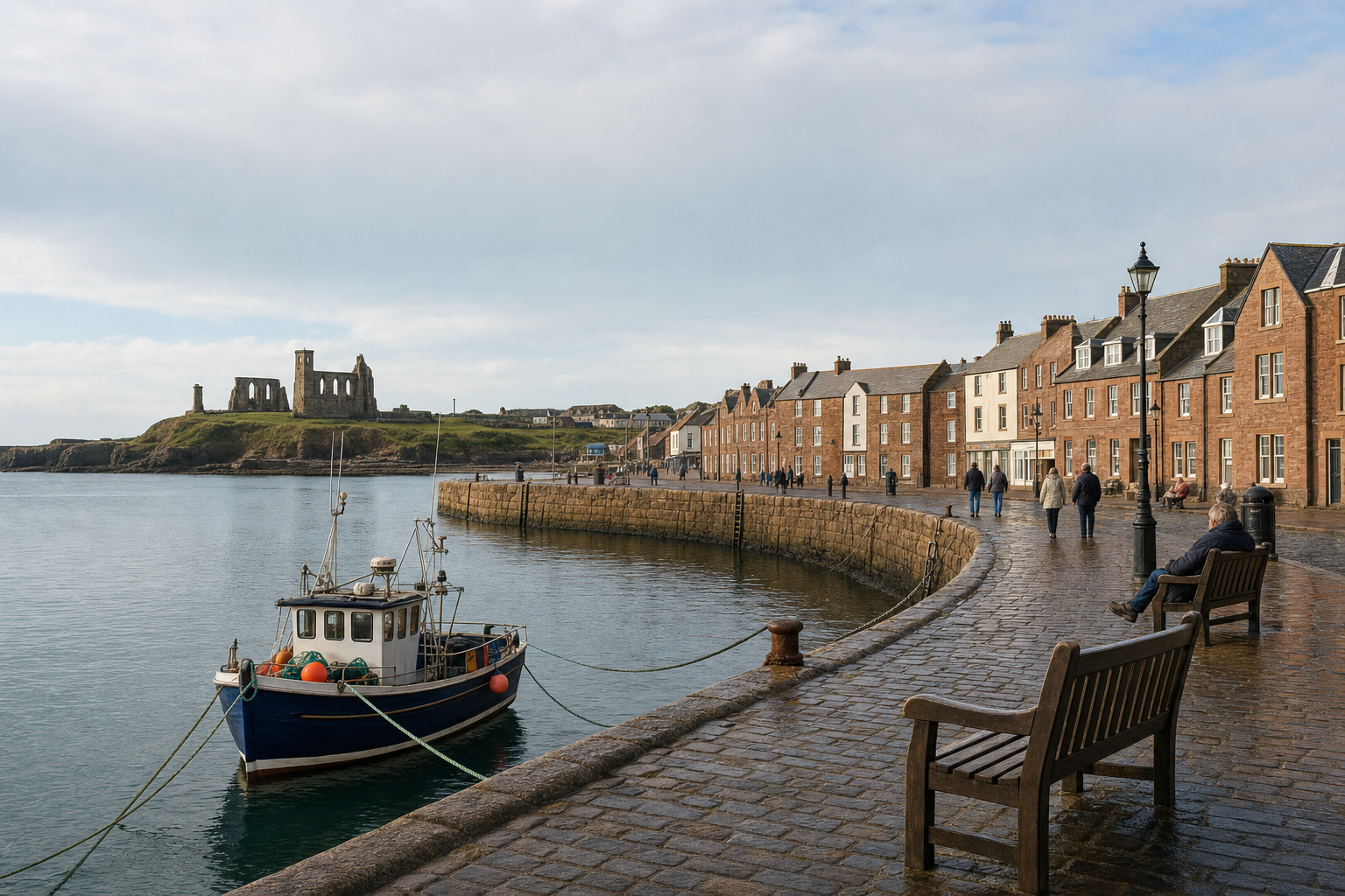 A small blue fishing boat moored in a quaint harbour with stone buildings and ruins on a distant hill.