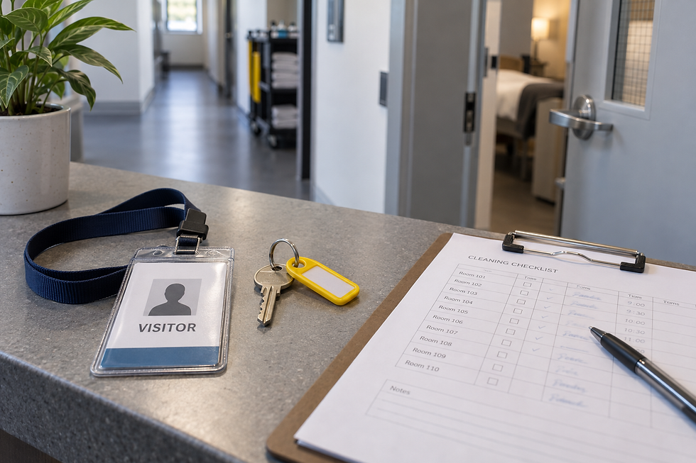 Visitor lanyard, keys, and cleaning checklist on a reception desk with an open door to a room in the background.