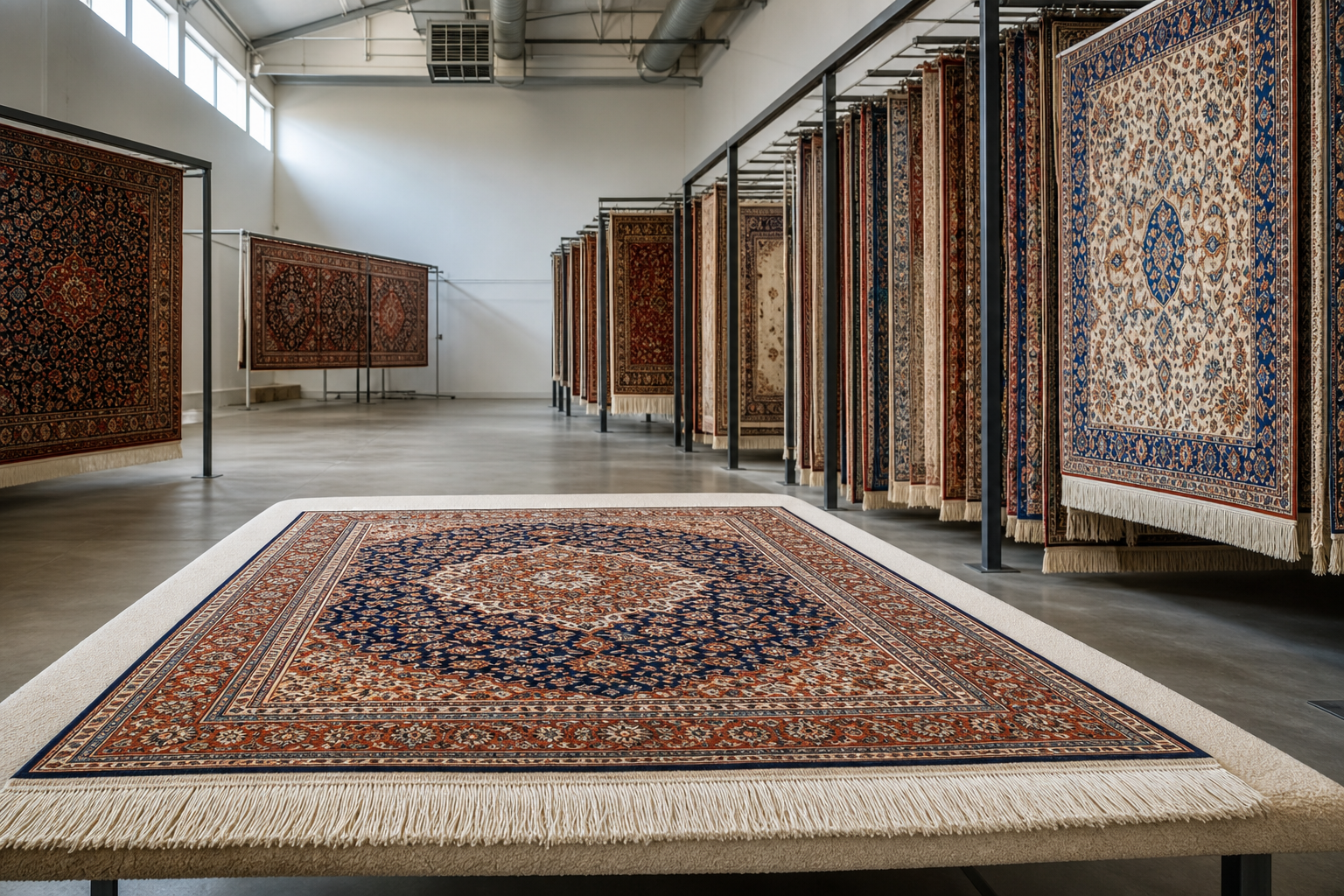 A showroom displaying intricately patterned Persian rugs hanging and one centred on a beige platform.