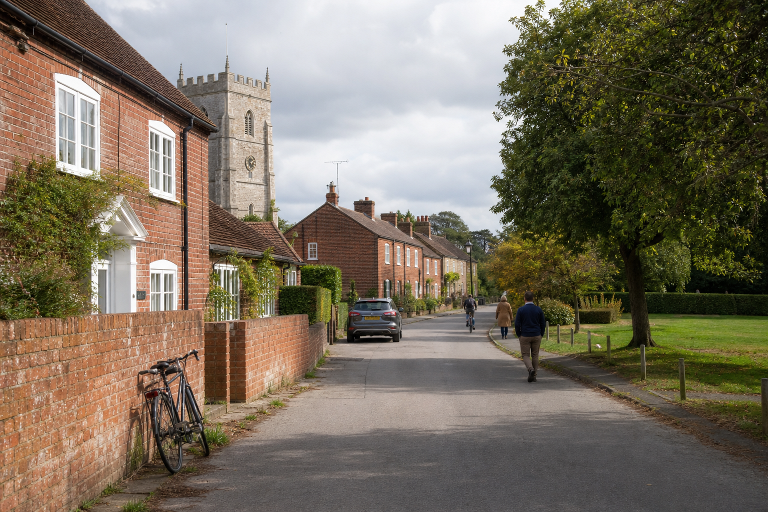 Quaint village street with red brick houses, a church tower, and people walking and cycling.