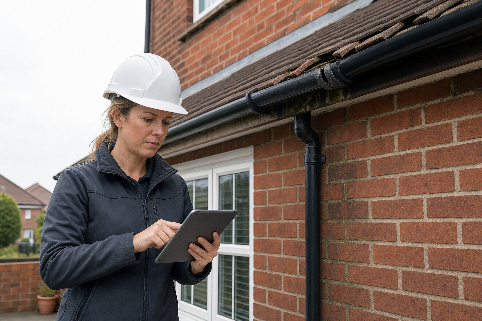 A woman in a hard hat uses a tablet while inspecting the exterior of a brick house.