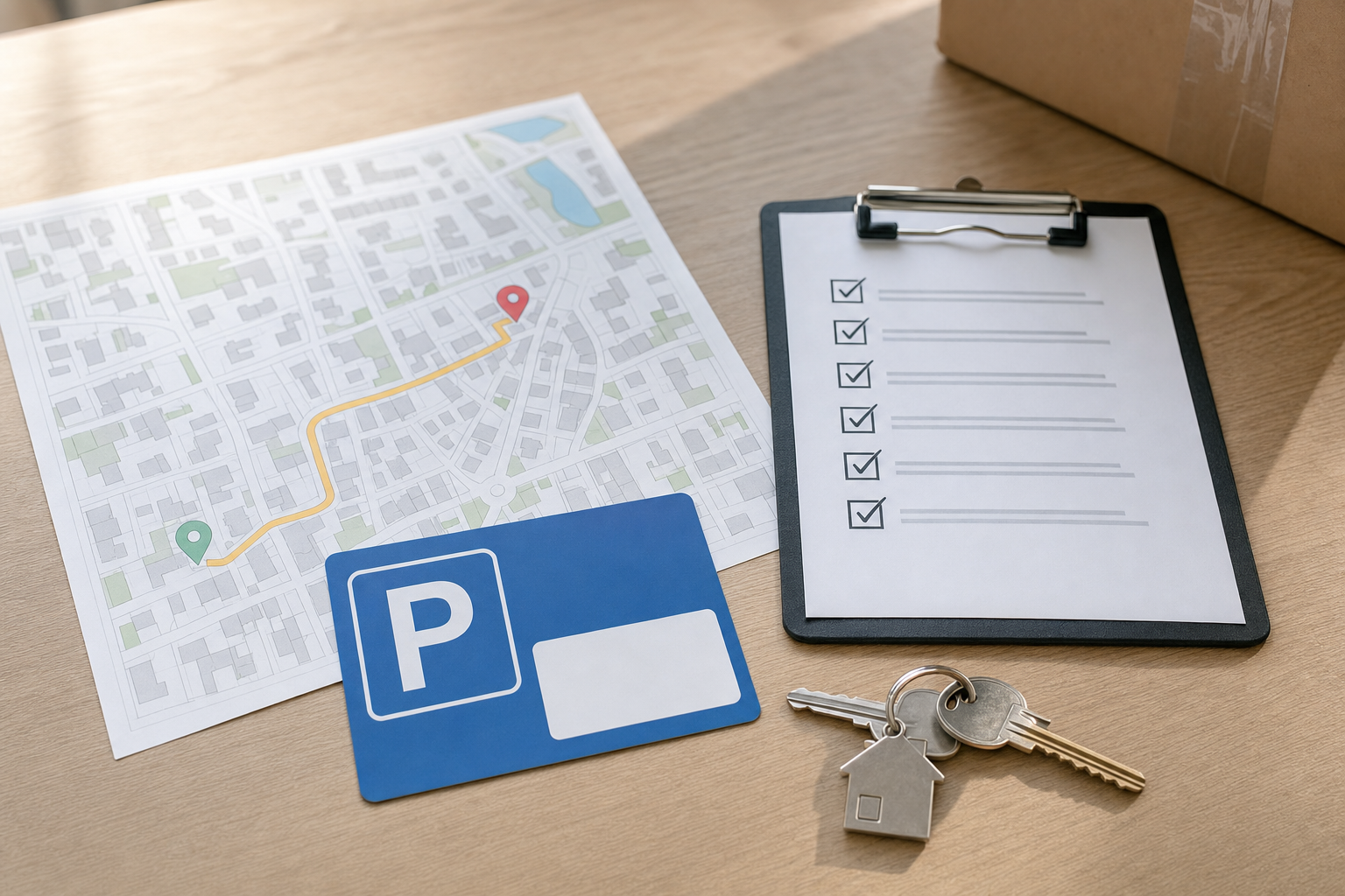 Map with marked route, checklist on clipboard, parking sign, and keys with house-shaped keychain on a wooden table.