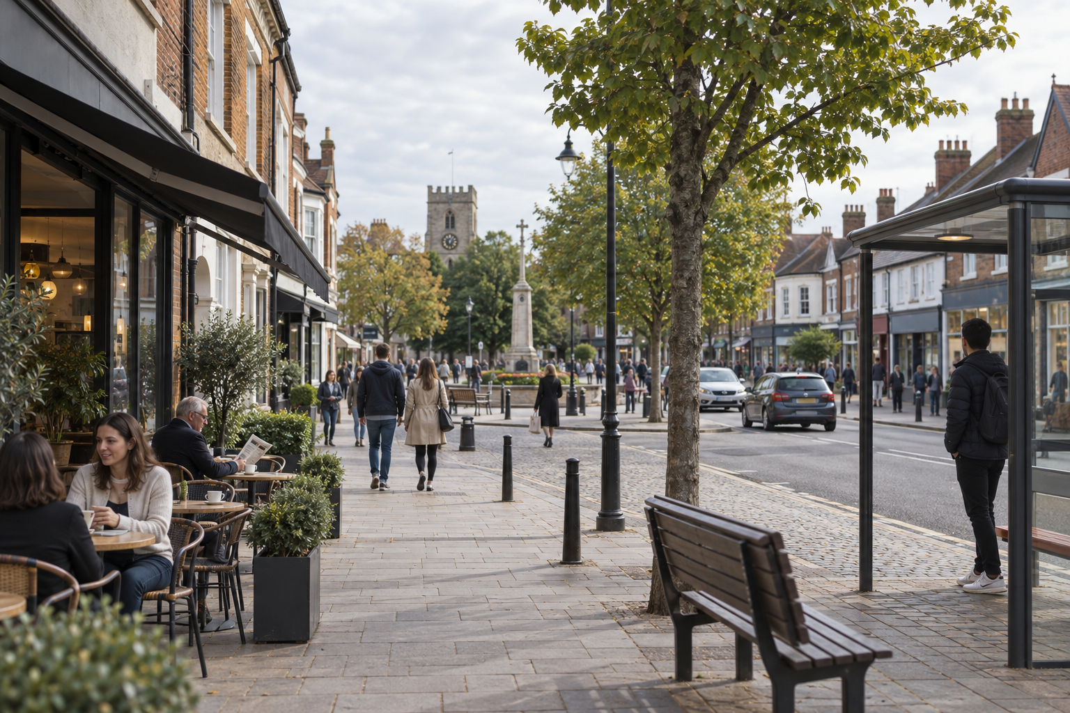 A bustling high street with people dining outdoors and walking past shops under a cloudy sky.