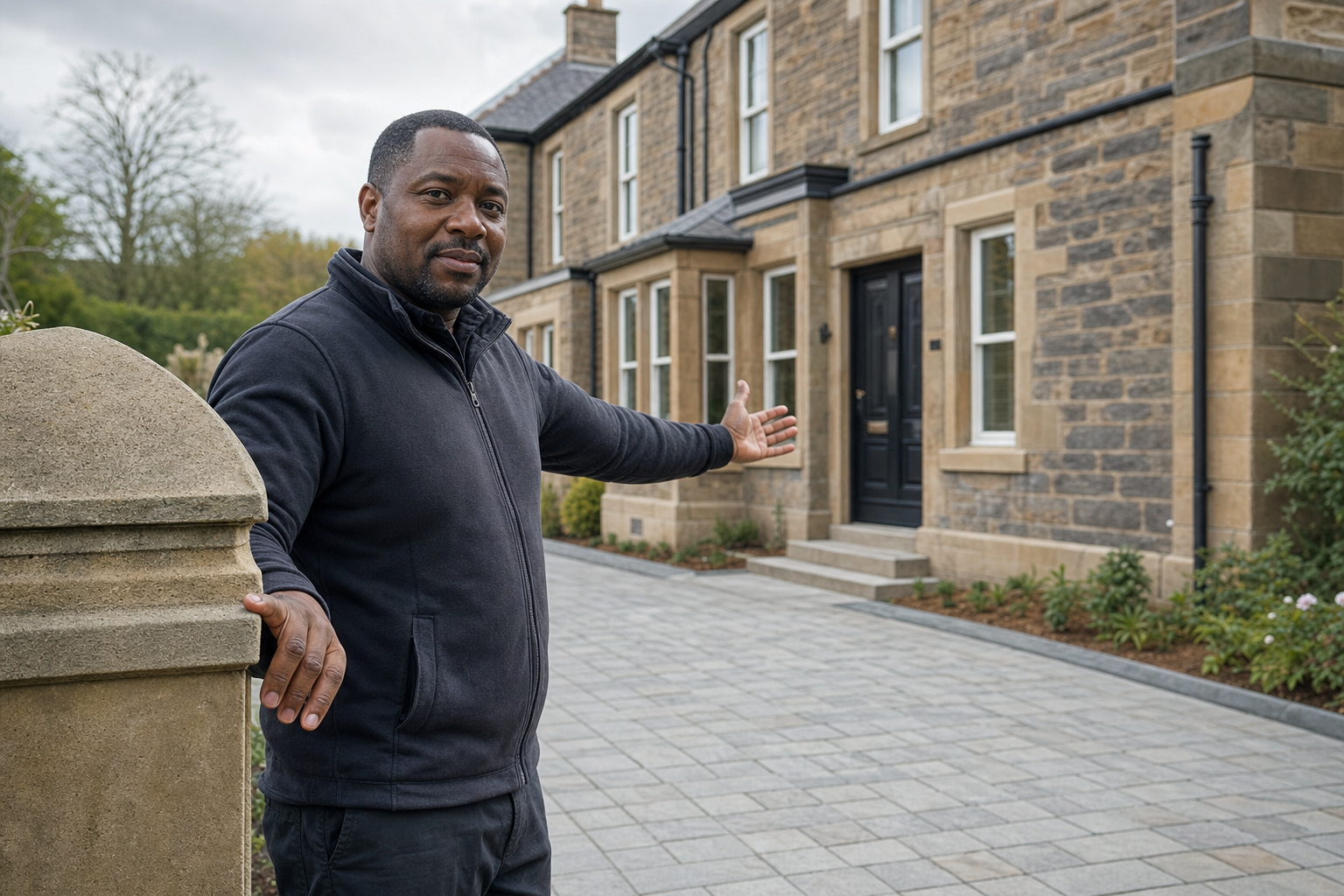 Man presenting a large stone house with a paved driveway and well-maintained garden.
