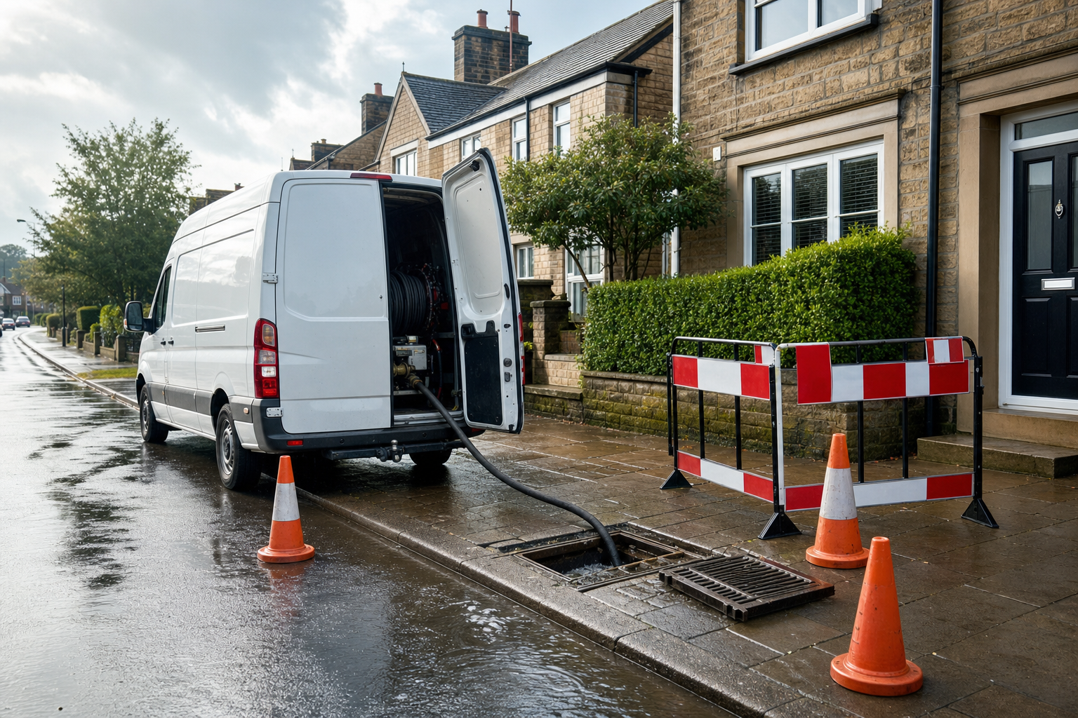 A utility van services a storm drain on a residential street, with cones and barriers for safety.
