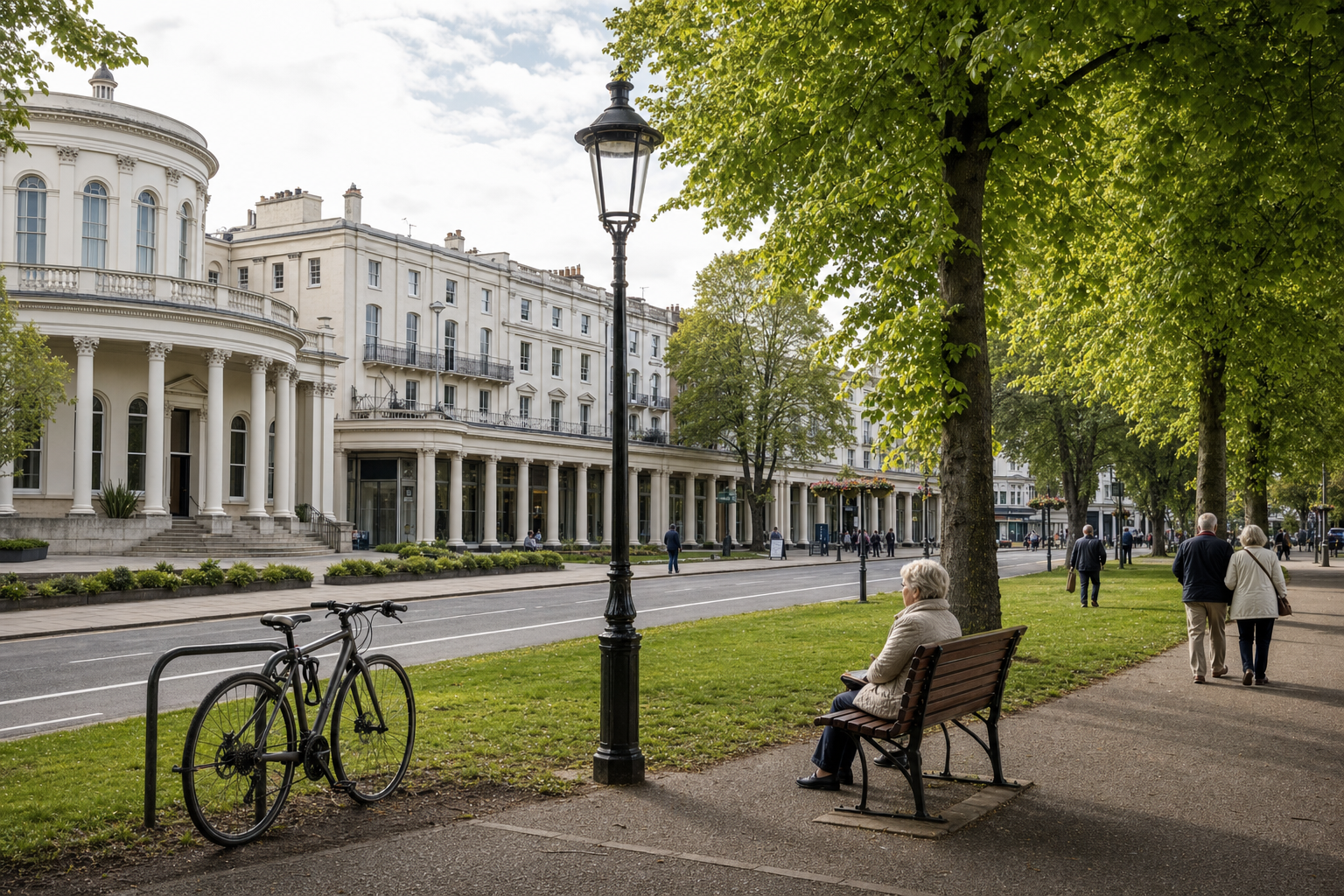 An elderly woman sits on a park bench near traditional buildings and green trees with a parked bicycle nearby.