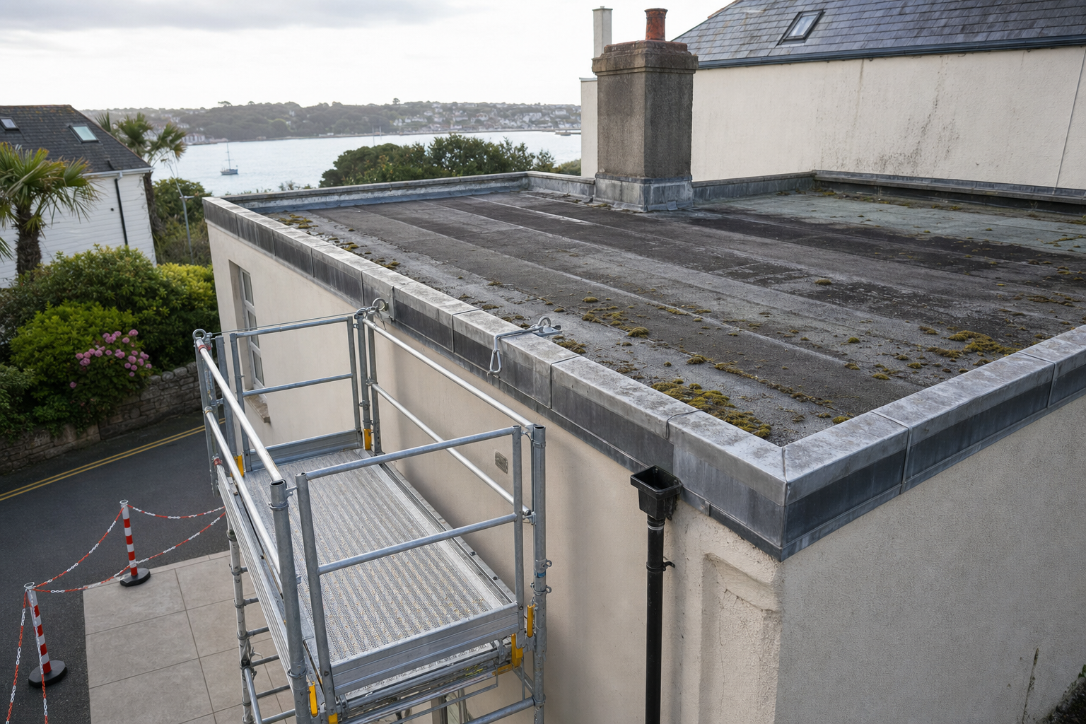 Scaffolding set up beside a flat rooftop with moss and a distant view of a harbour.