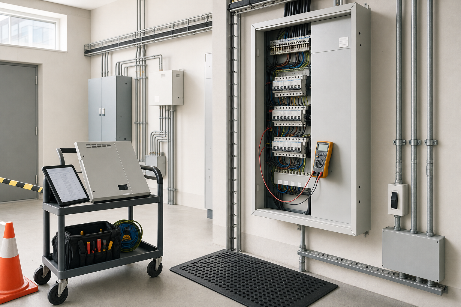 Electrical panel with open door and multimeter, surrounded by tools and a safety cone in a utility room.