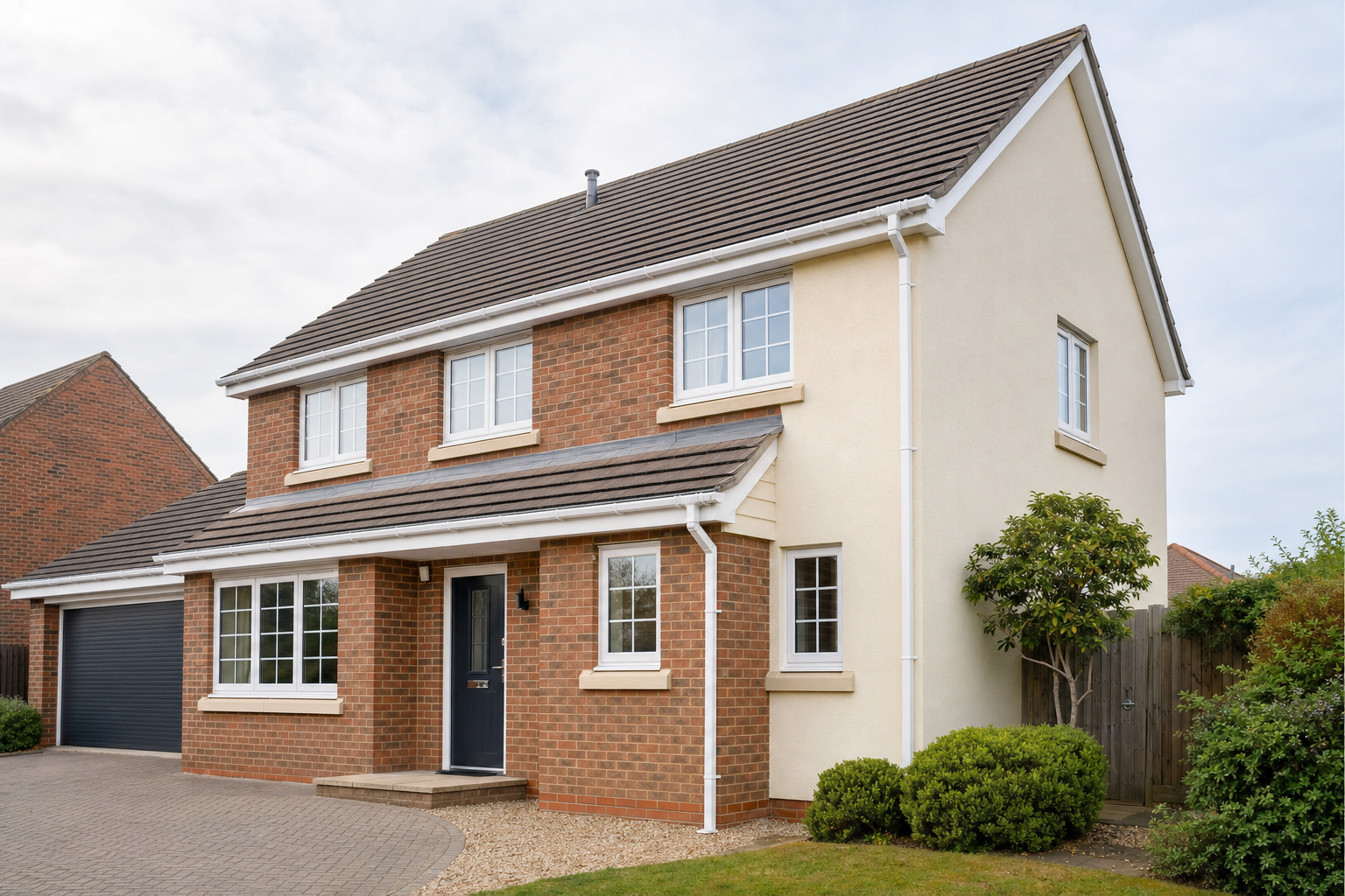 A modern detached house with red brick and cream facade, featuring a well-kept front garden and a dark garage door.