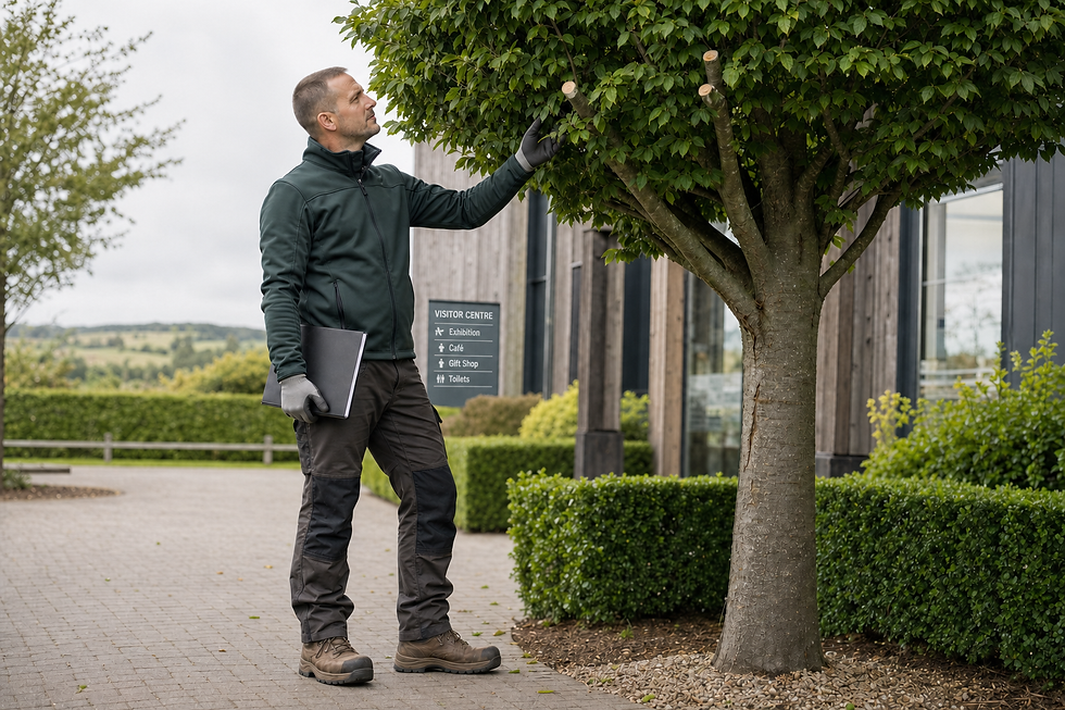 A man in outdoor gear examines a tree by a visitor centre, holding a notebook in one hand.