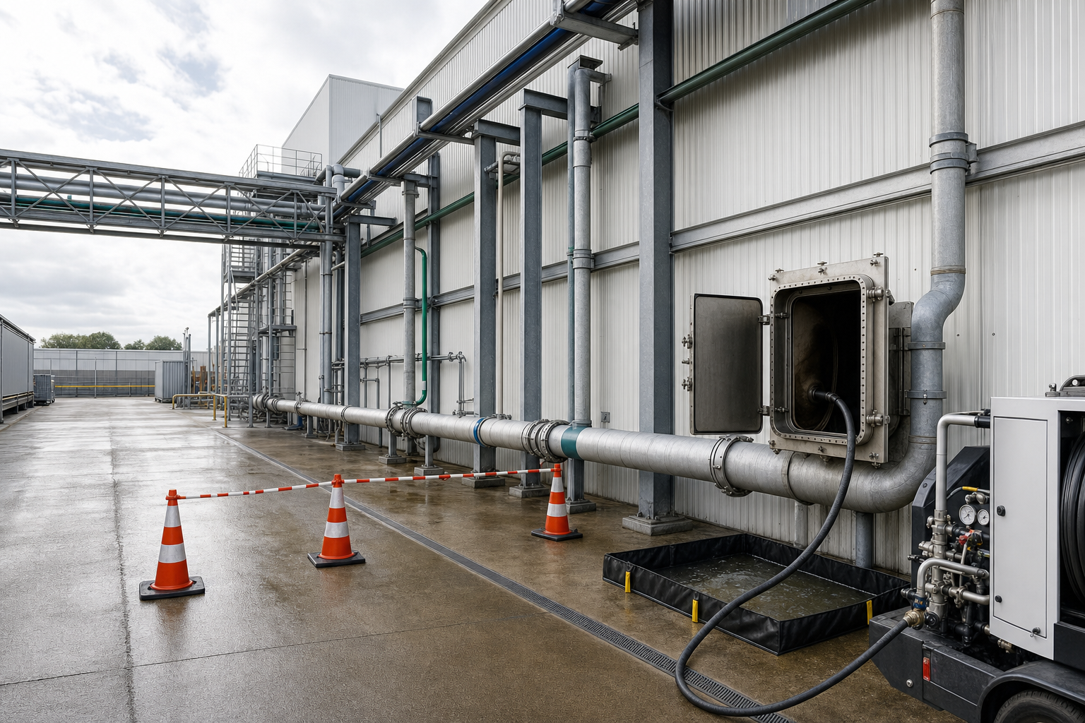 Industrial pipes and equipment alongside a warehouse with safety cones marking a restricted area.