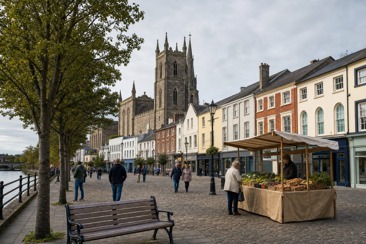 A market stall with fresh produce on a cobbled street, with people walking and a large church in the background.