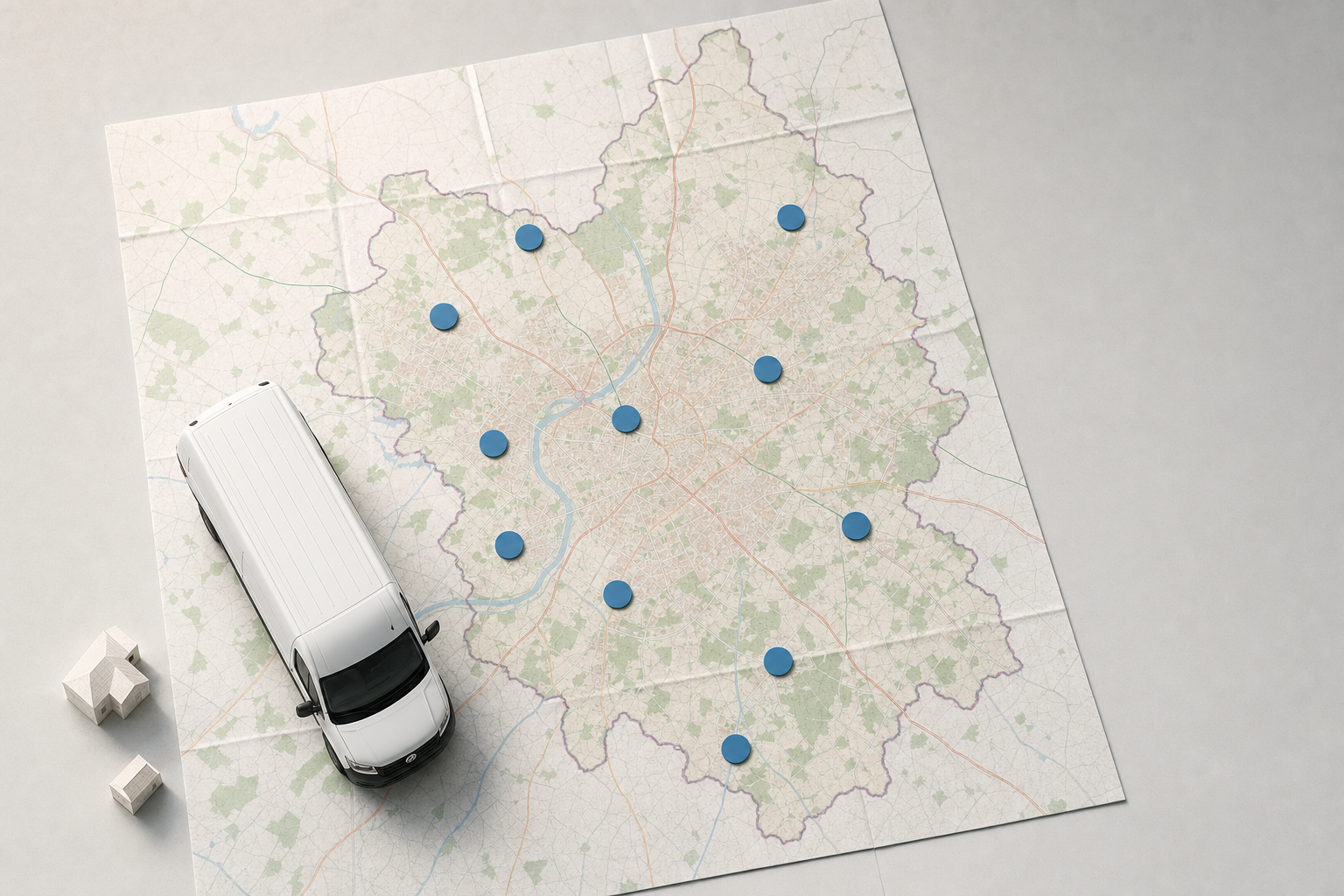 White delivery van positioned on a detailed city map with blue location markers.