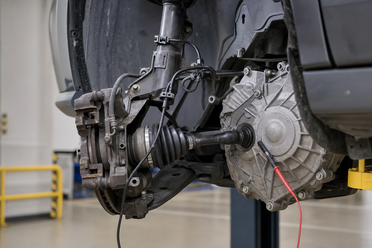 Close-up of a car suspension system and driveshaft in a garage setting.