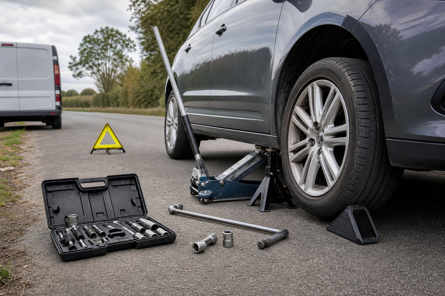 Car with a raised wheel on a jack, surrounded by tools and a warning triangle on the roadside.