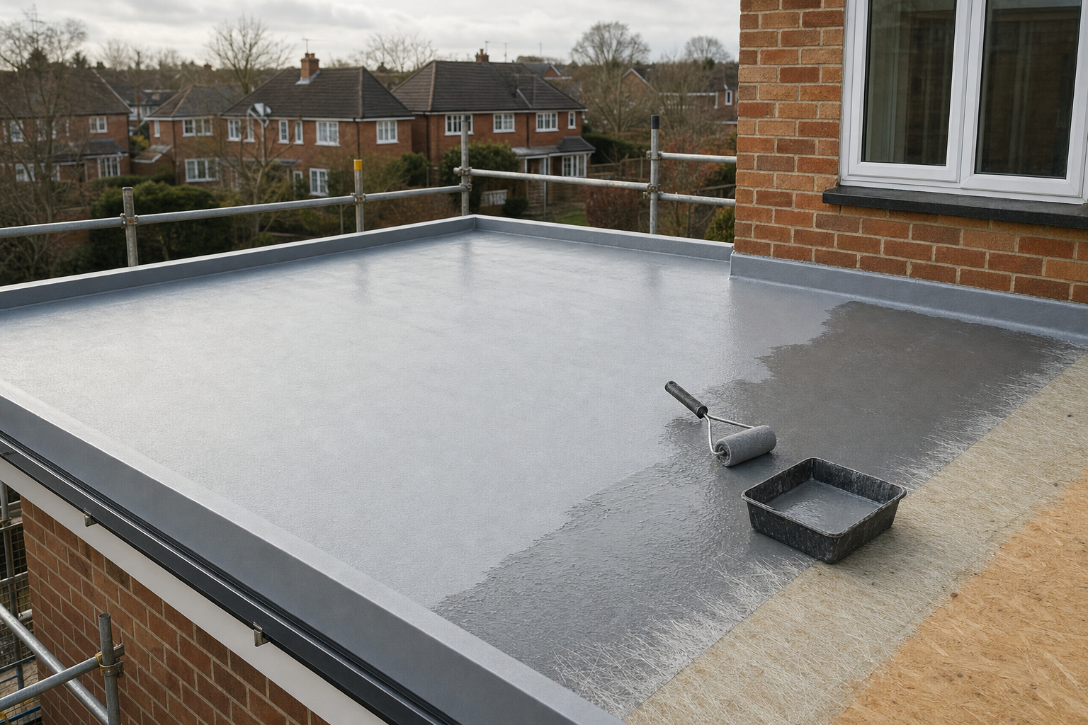 A newly sealed flat roof with a paint roller and tray left on the surface, surrounded by scaffolding and suburban houses.