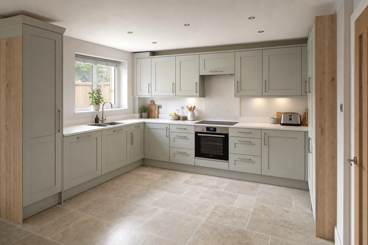 Modern kitchen with light grey cabinets, integrated appliances, and large window allowing natural light.