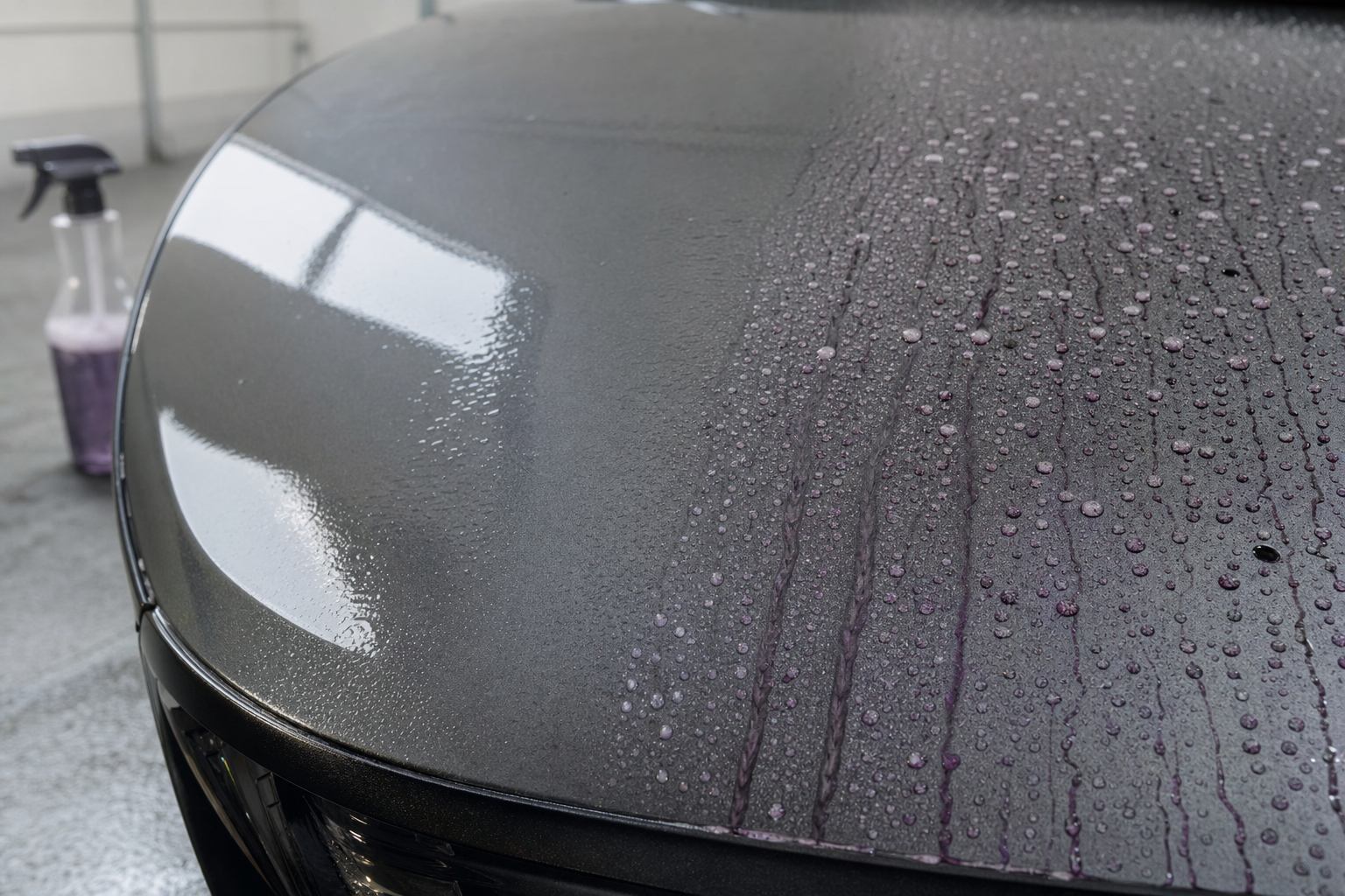 Car bonnet covered in water beads after washing with a bottle of cleaning solution in the background.