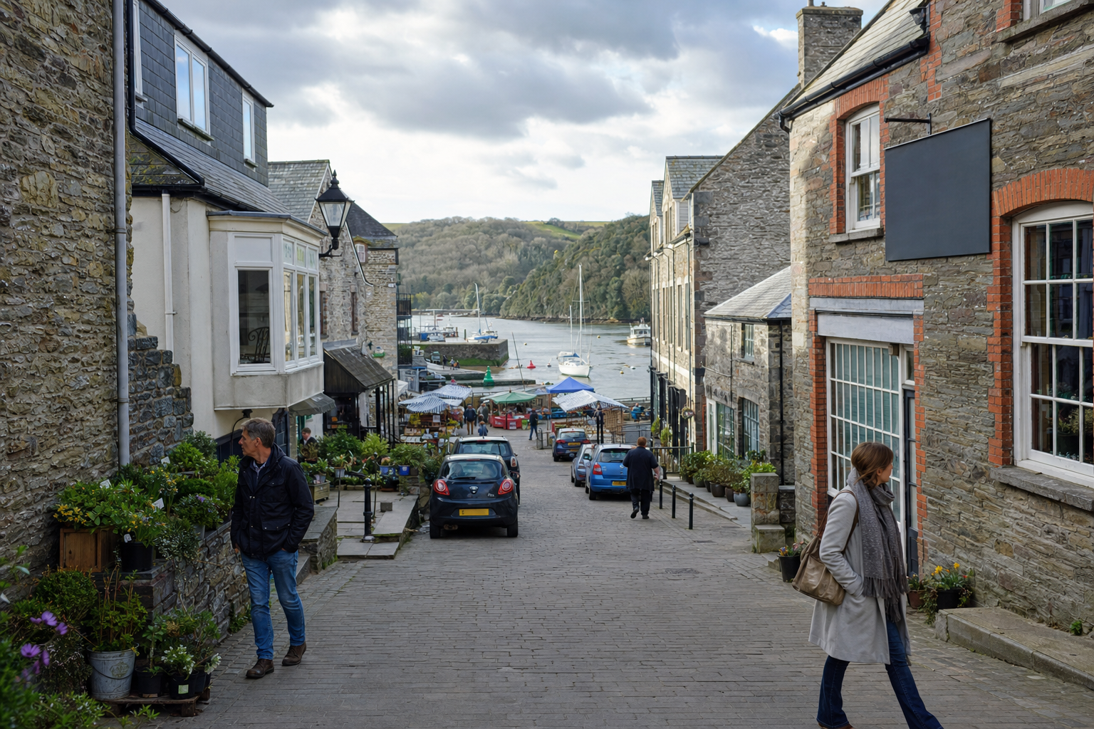 Narrow cobbled street in a coastal village, with stone buildings and a view of boats on the river in the distance.