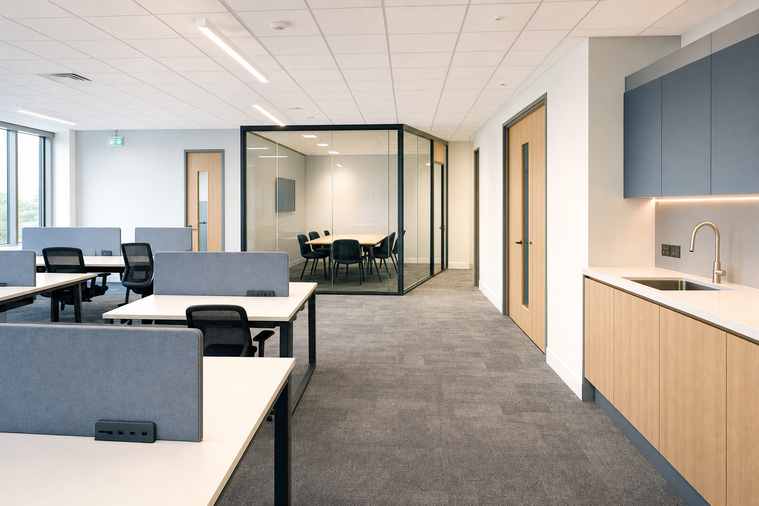 Modern open-plan office with workstations, meeting room, and kitchenette area.
