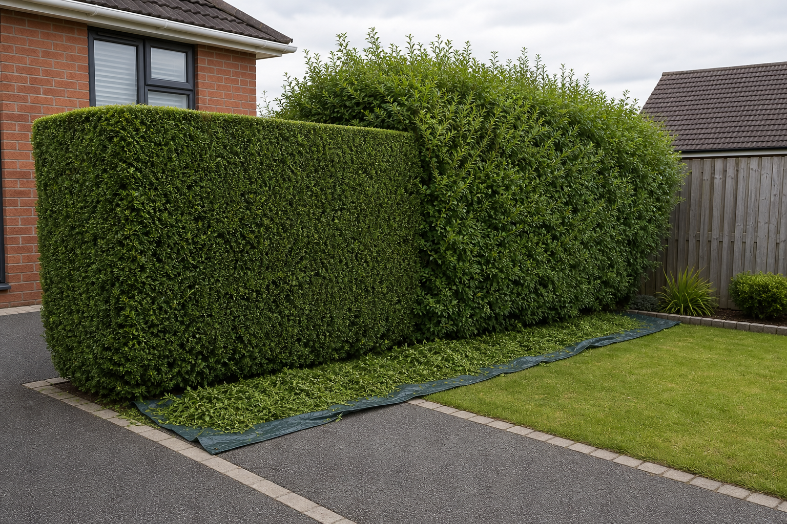 Neatly trimmed hedge beside a brick house with clippings on a tarp along the driveway.