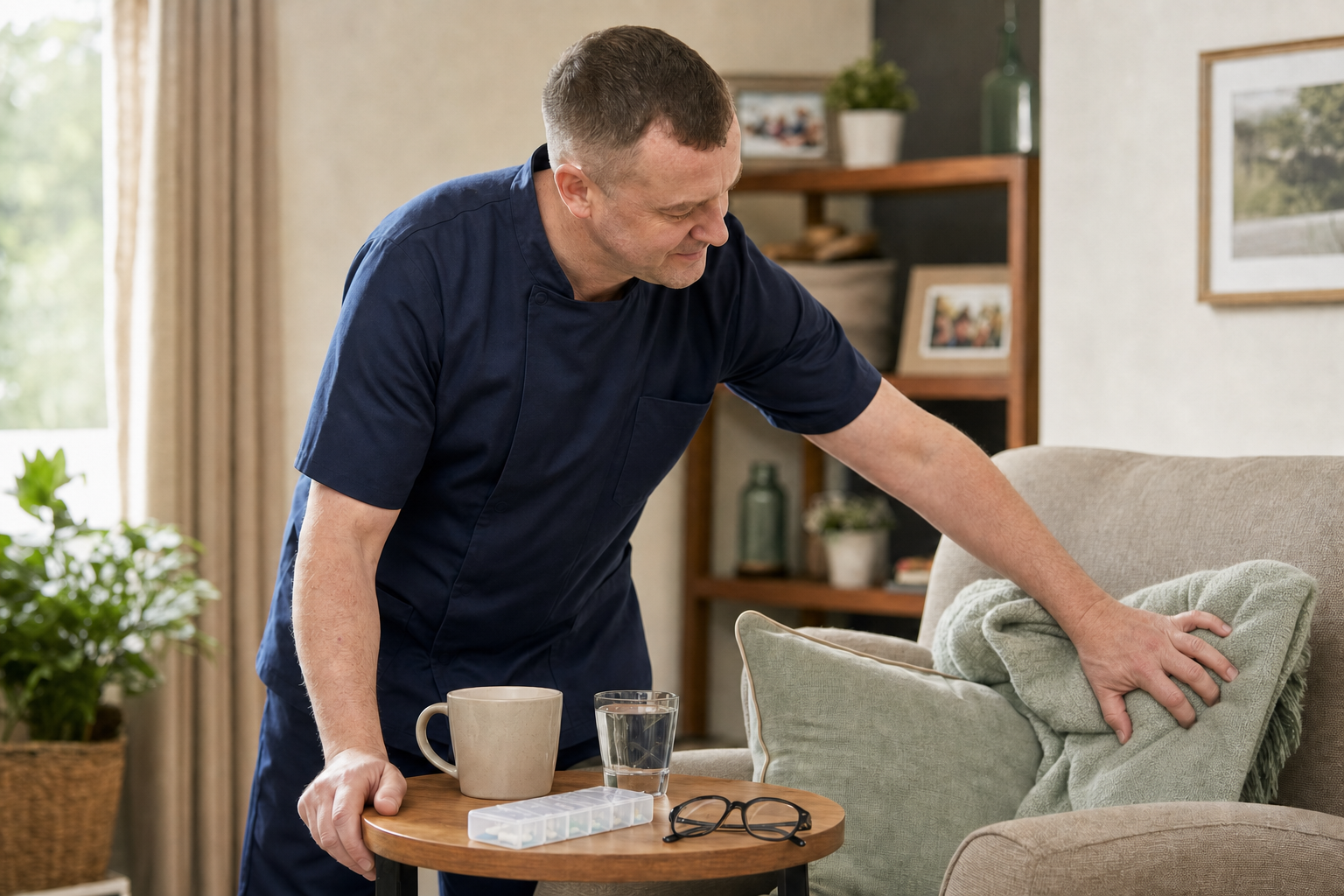Male carer in a navy uniform arranging a blanket on a sofa near a table with a mug, glass of water, pill organiser, and glasses.