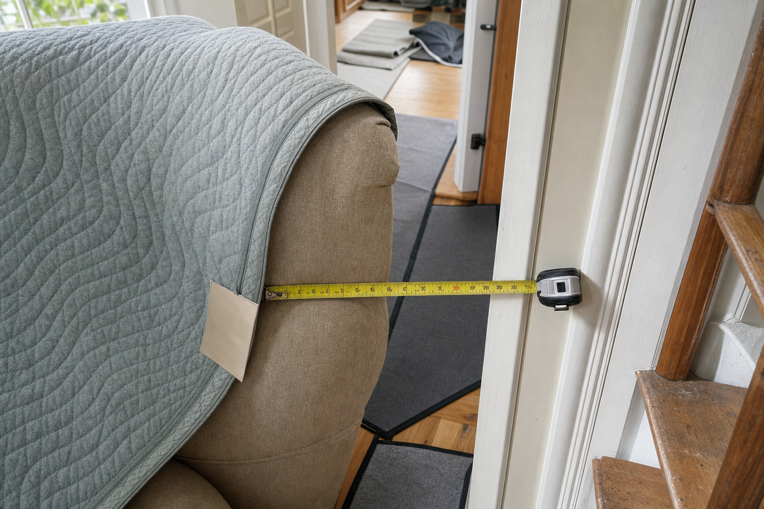 A tape measure is extended from a door frame to a grey quilt-covered armchair in a living room.