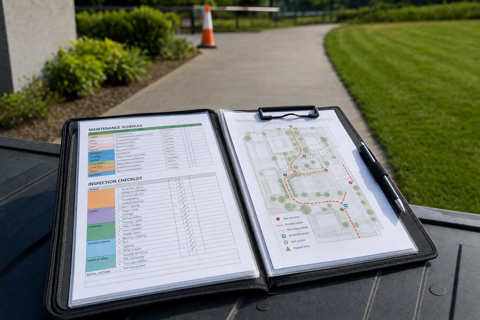 Open maintenance schedule and inspection checklist on a clipboard, with a site map and a pen nearby, set on an outdoor table.