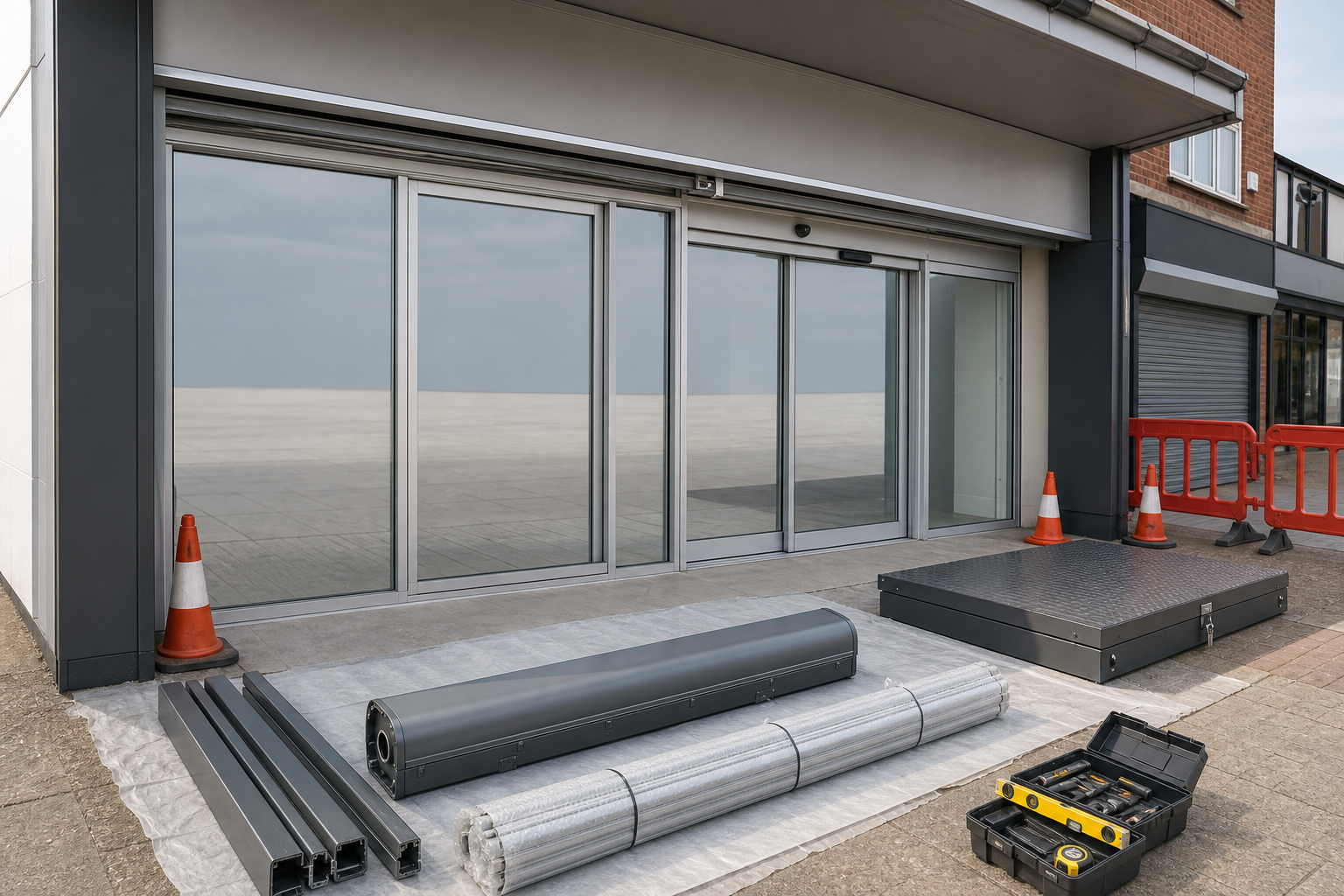 Tools and materials laid out in front of a large glass sliding door installation site.