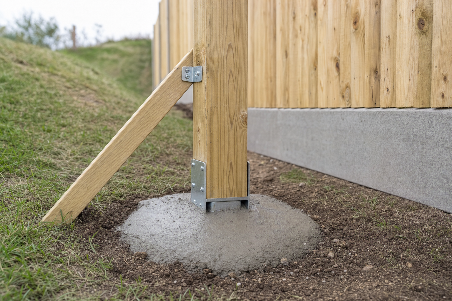 Wooden fence post secured with metal brackets and concrete footing on a grassy slope.