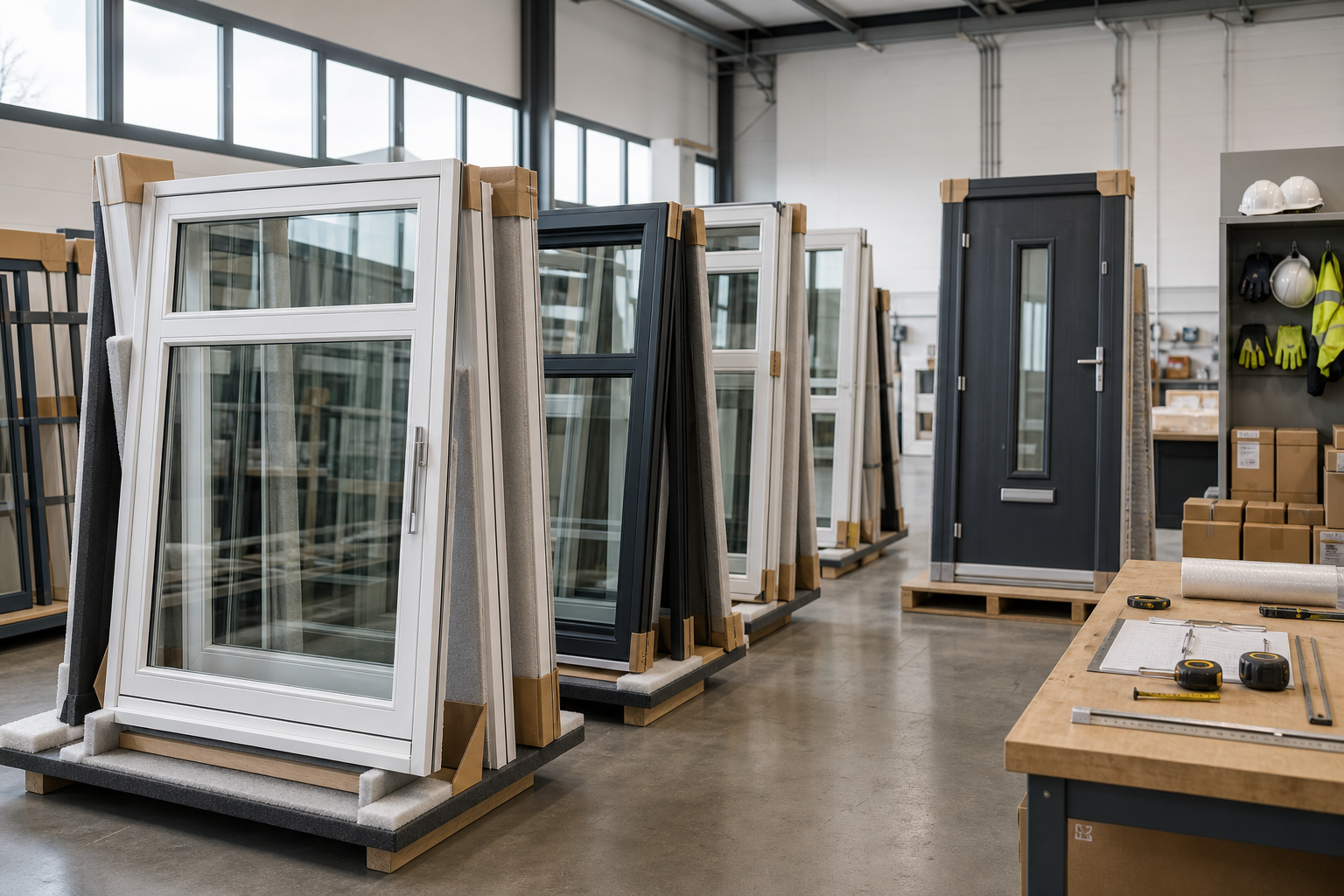 A workshop with stacked windows, a door, and workbenches with tools and safety gear.
