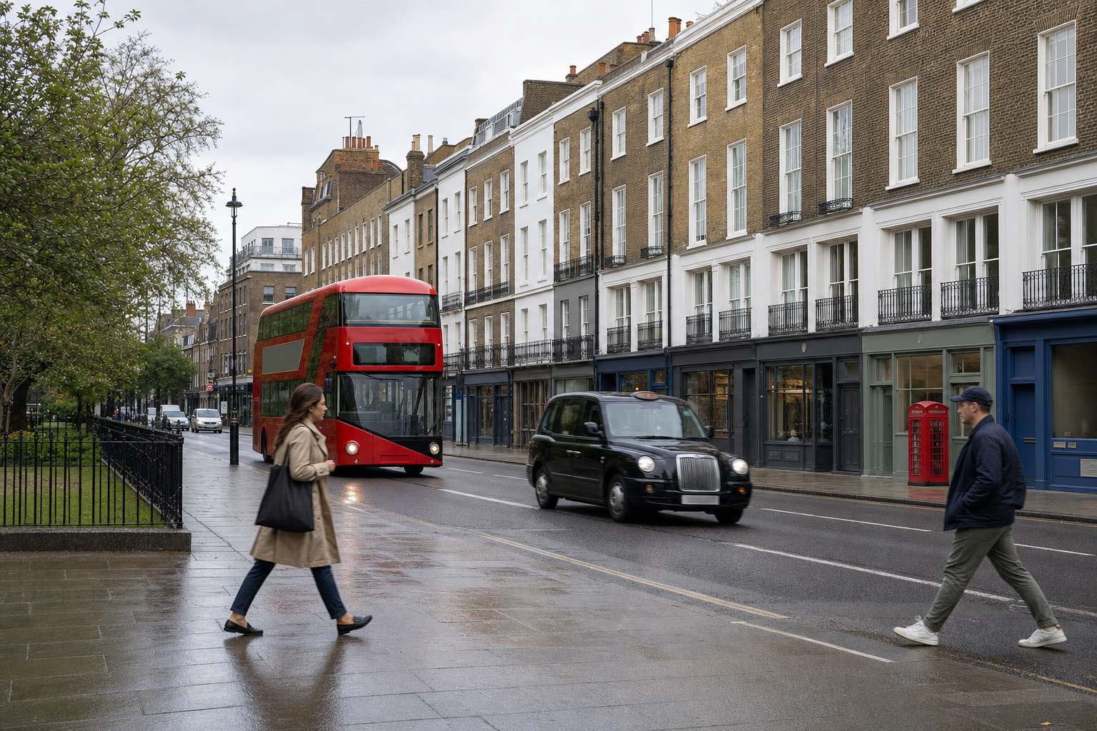 Pedestrians cross a wet London street as a red double-decker bus and black cab pass by.