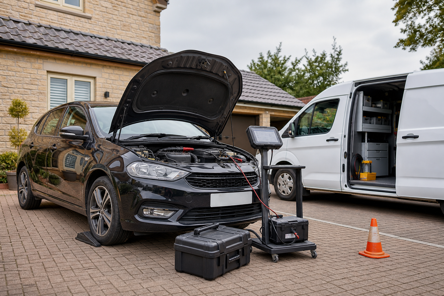 Car with open hood undergoing diagnostic testing in a residential driveway beside a service van.