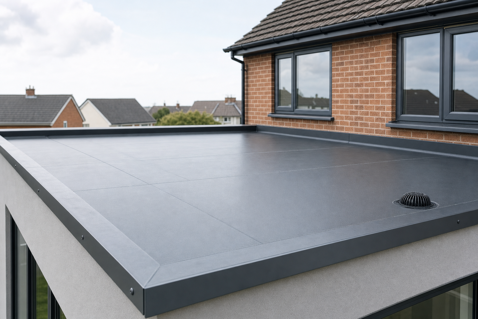 Modern flat roof extension with grey panelling and a drainage vent, adjacent to a brick house.