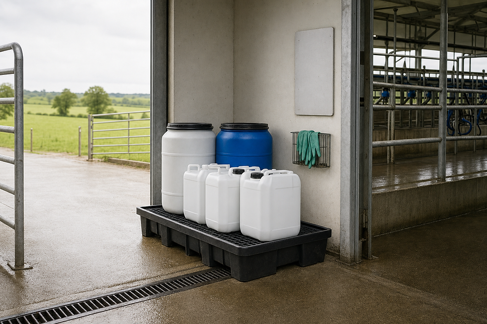 The image shows a black plastic spill pallet (or drum bund) holding large storage barrels and smaller chemical containers in a farm