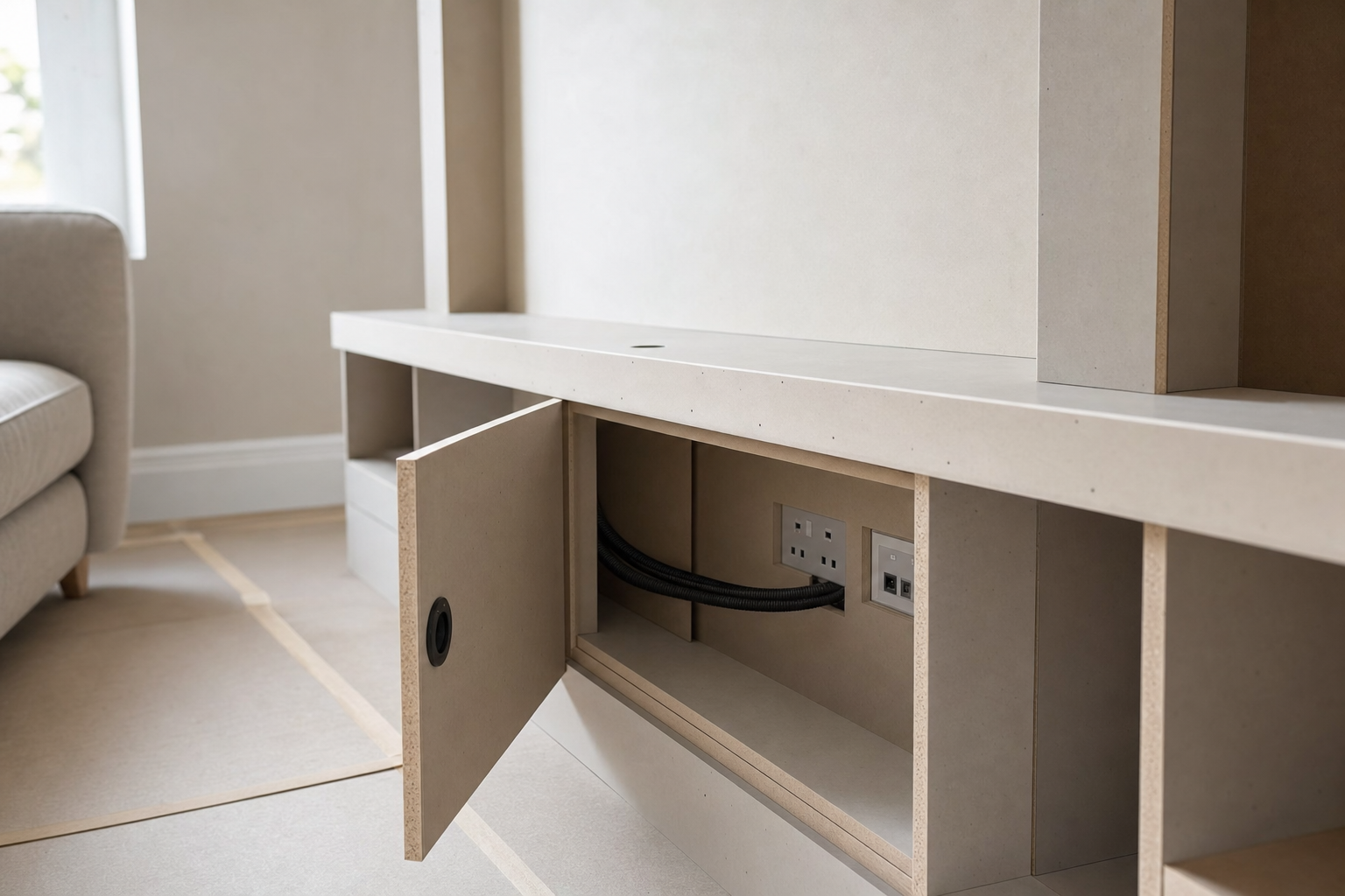Close-up of open cabinet door showing internal media cables and power socket routing
