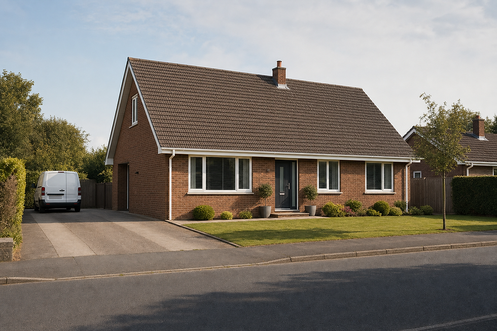 Brick bungalow with a neatly maintained lawn and a white van parked on the driveway.