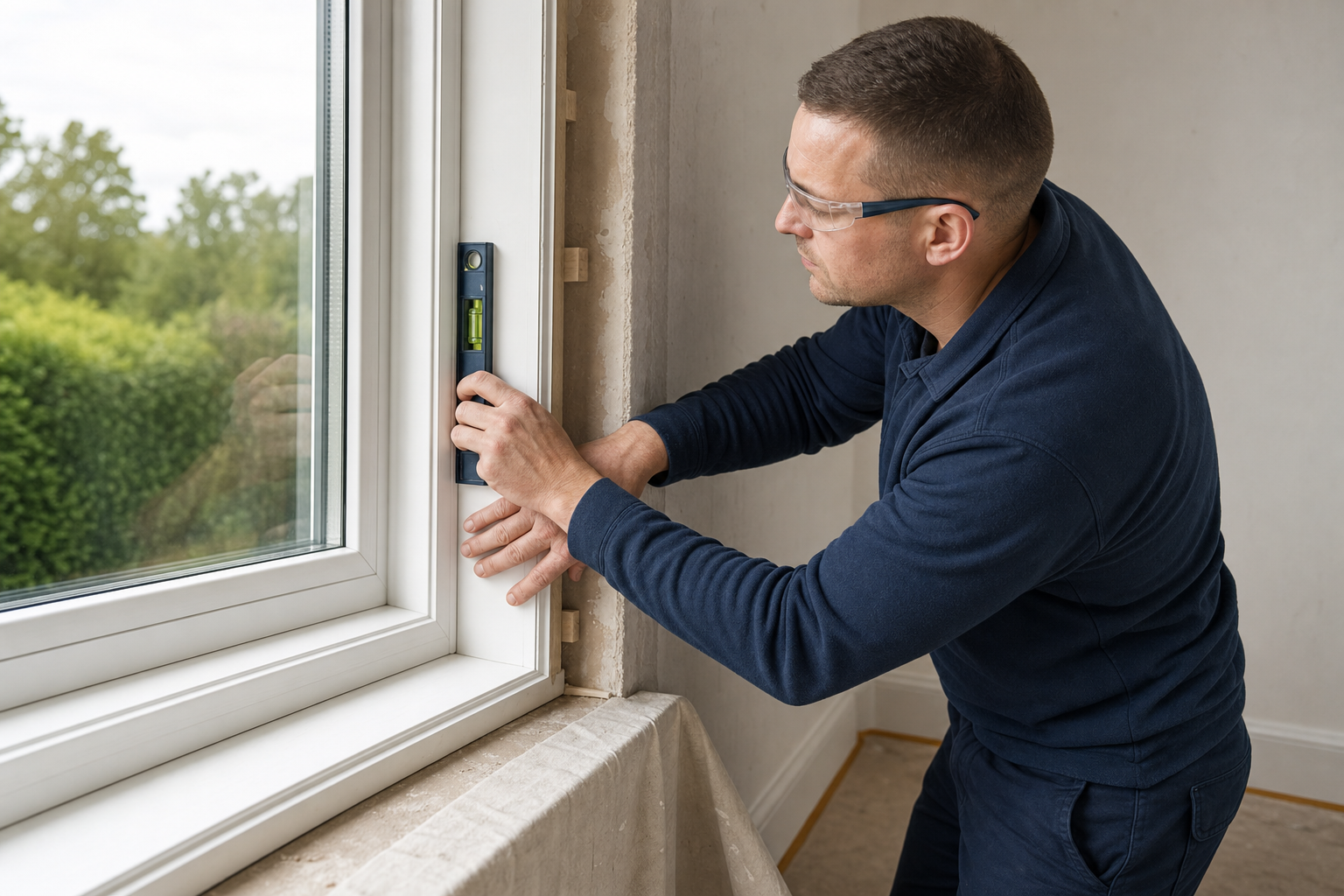 Man using a spirit level to ensure accurate alignment of a window frame indoors.