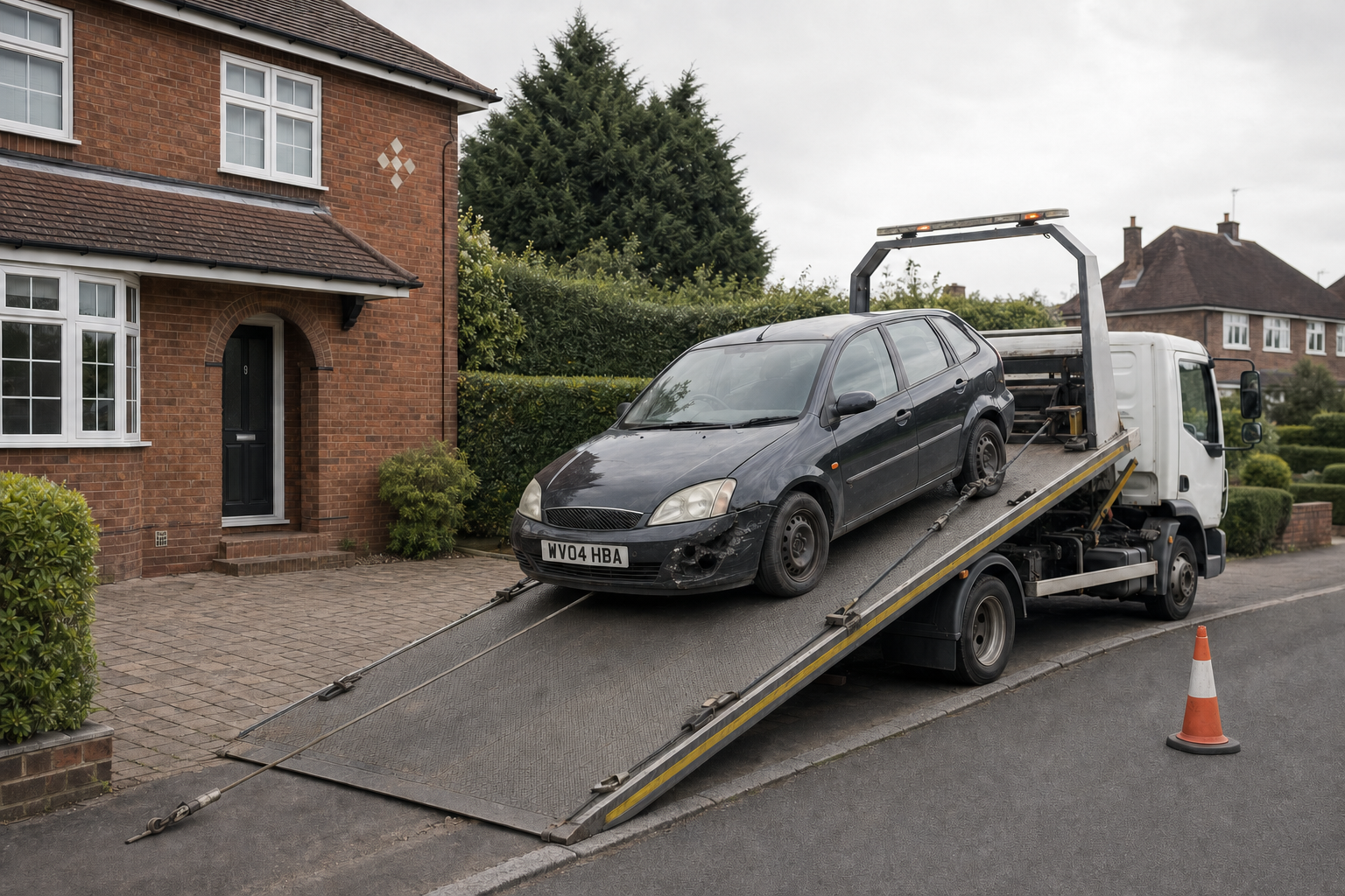 A tow truck loading a damaged car onto its platform outside a brick house.