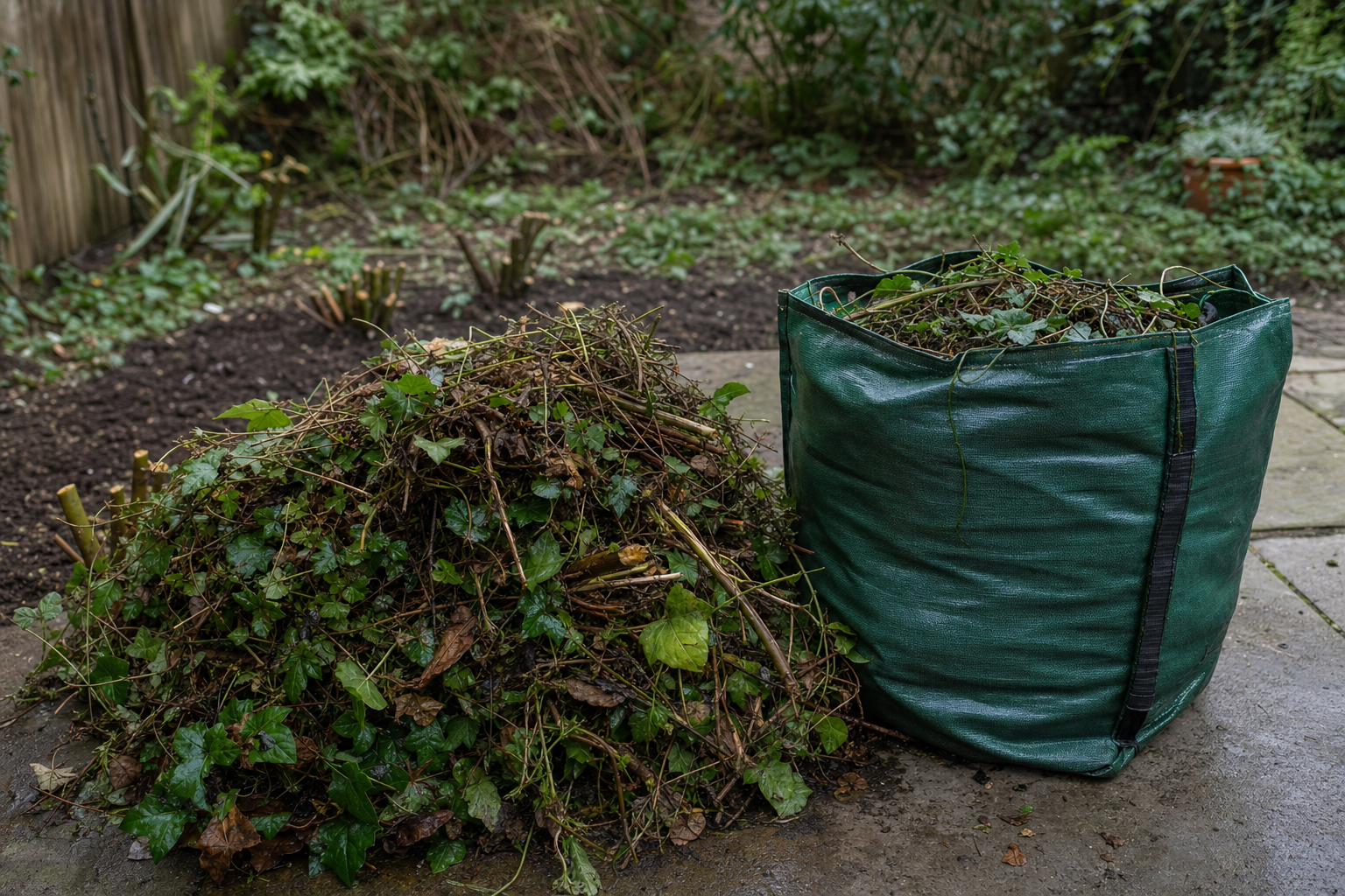 A pile of garden waste and a green bag filled with cut branches and leaves on a patio.